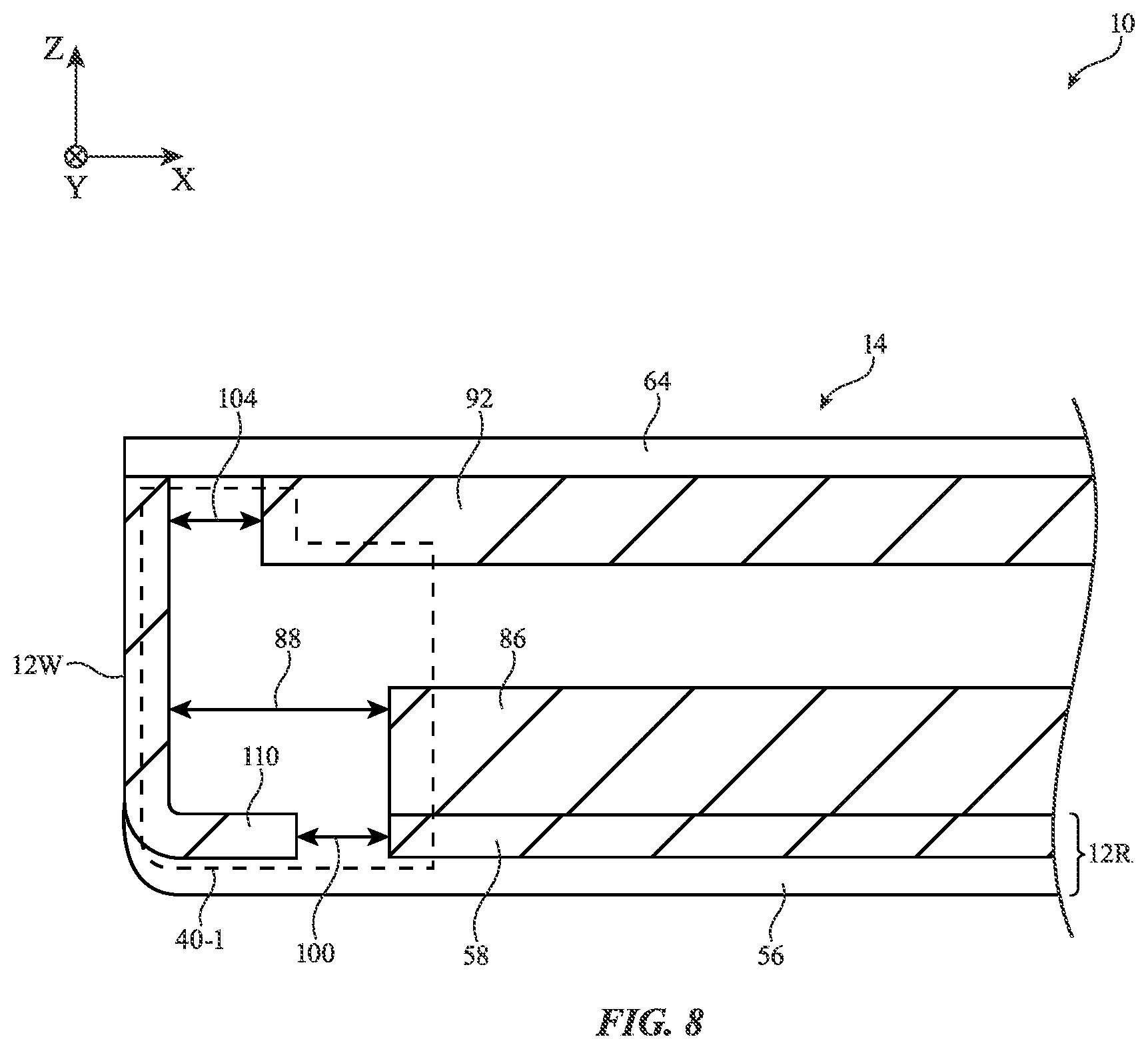Patent US12107335 Figure 8 – Electronic devices with distributed slot antenna structures