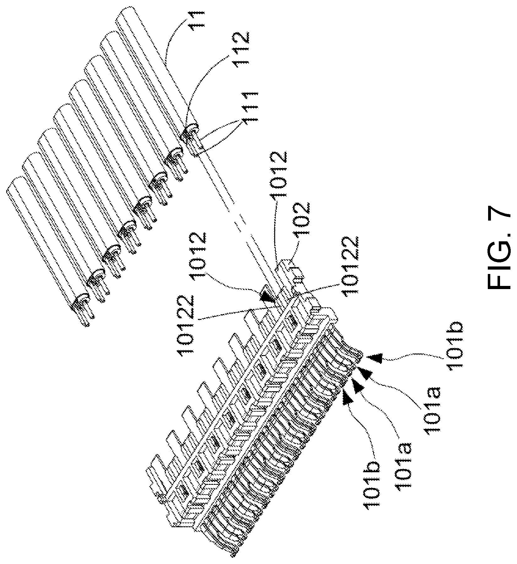 Patent US12107370 Figure 7 – Electrical connector with ground terminals and shielding ground terminals around signal terminals