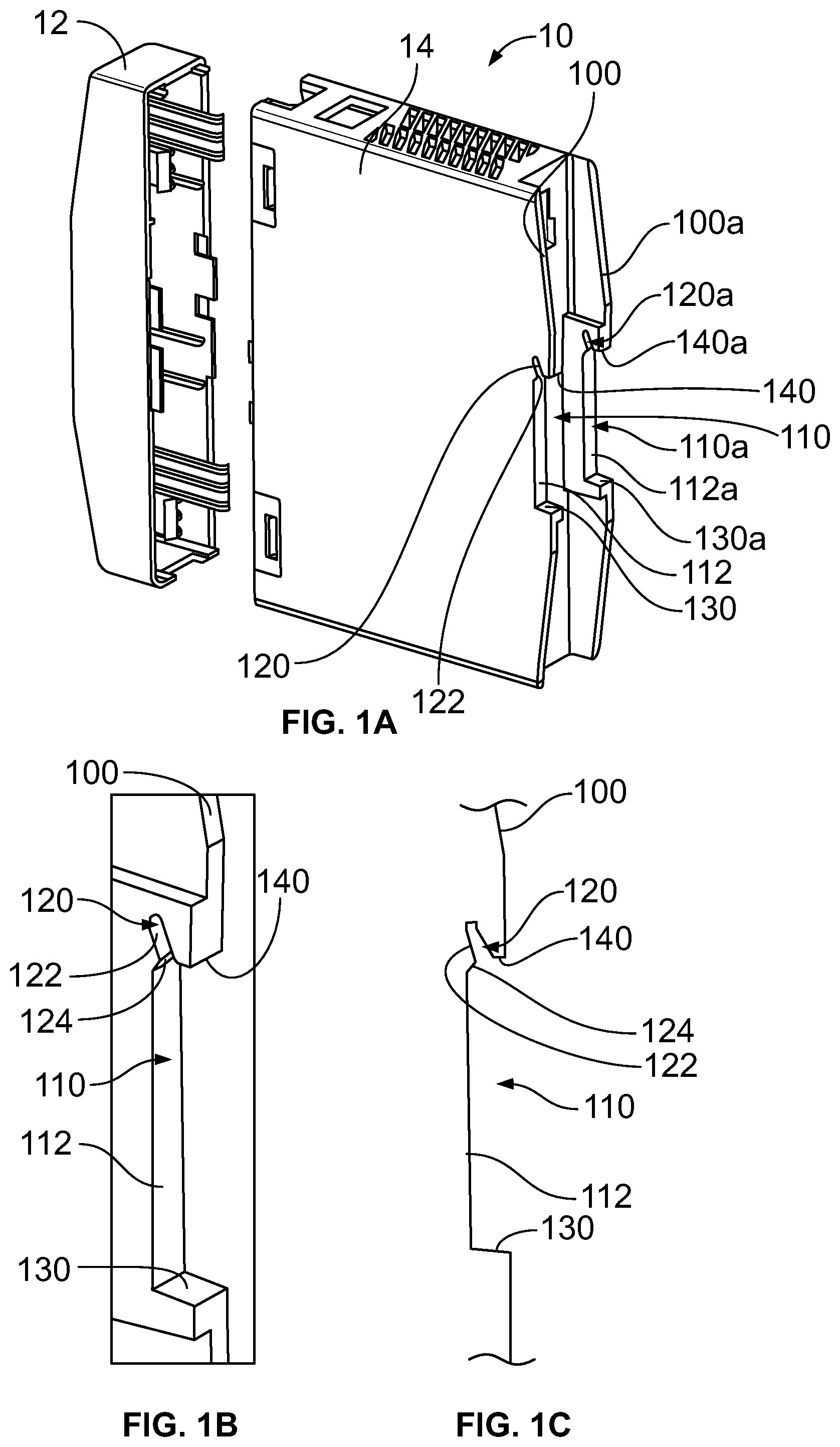 Patent US12107377 Figure 1 – Plastic latching system for securement of electronic component to a DIN rail
