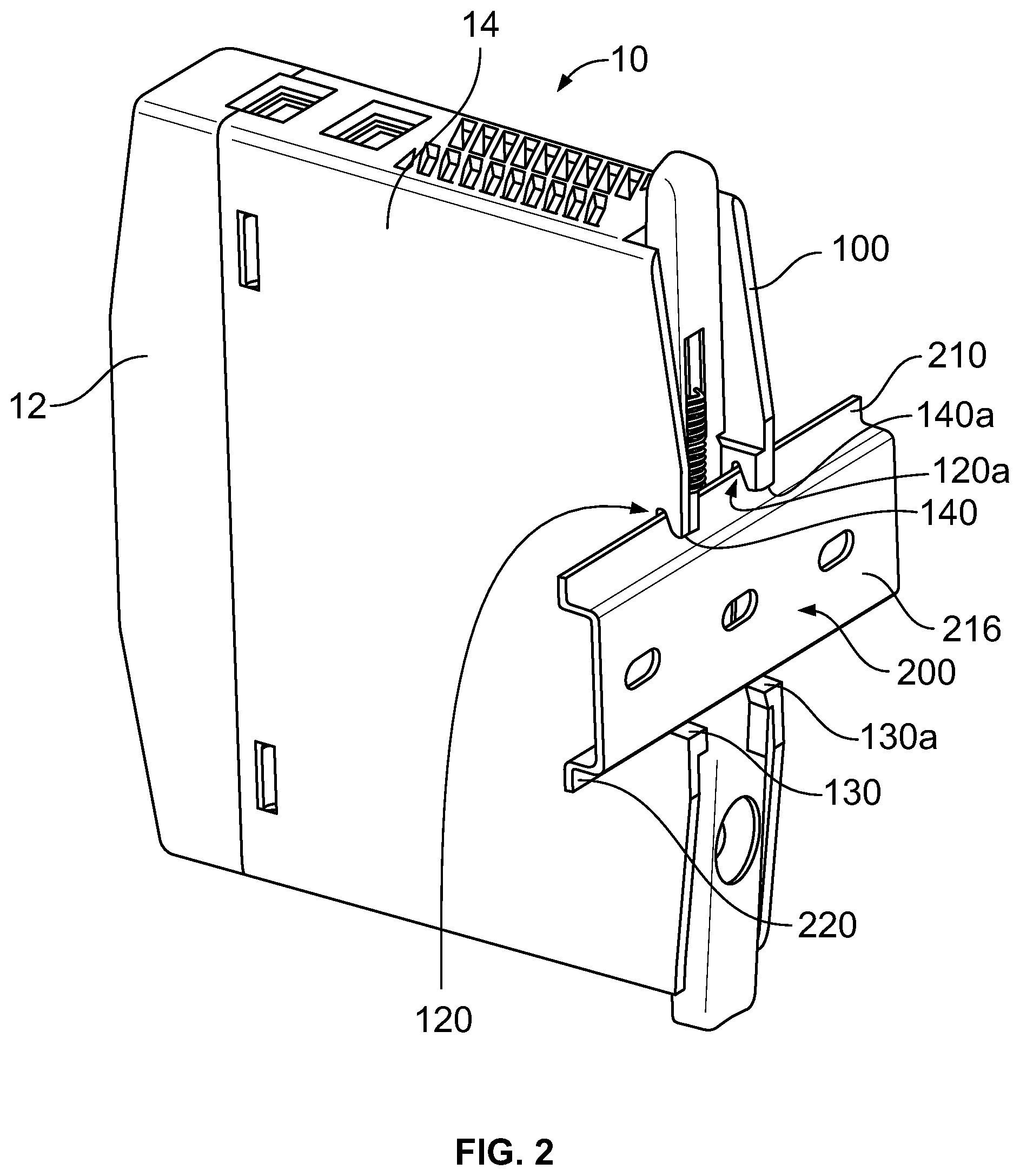 Patent US12107377 Figure 2 – Plastic latching system for securement of electronic component to a DIN rail