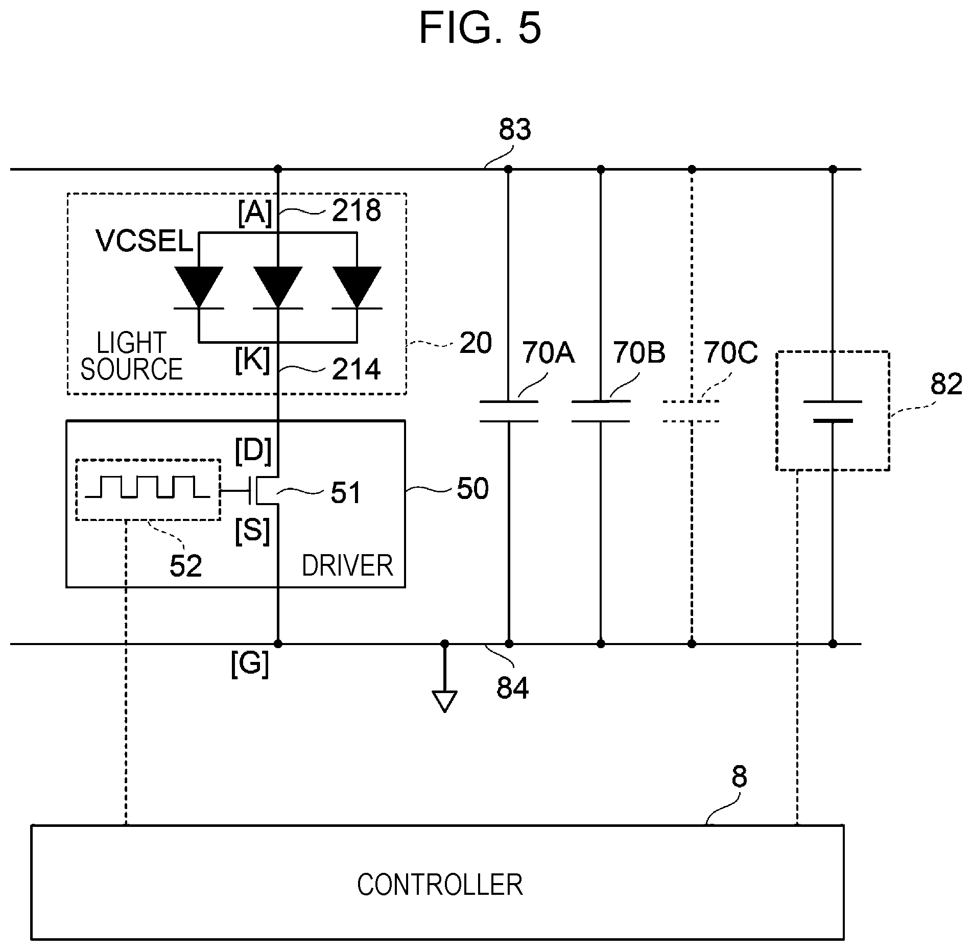 Patent US12107385 Figure 5 – Light emitting device, optical device, and measurement device