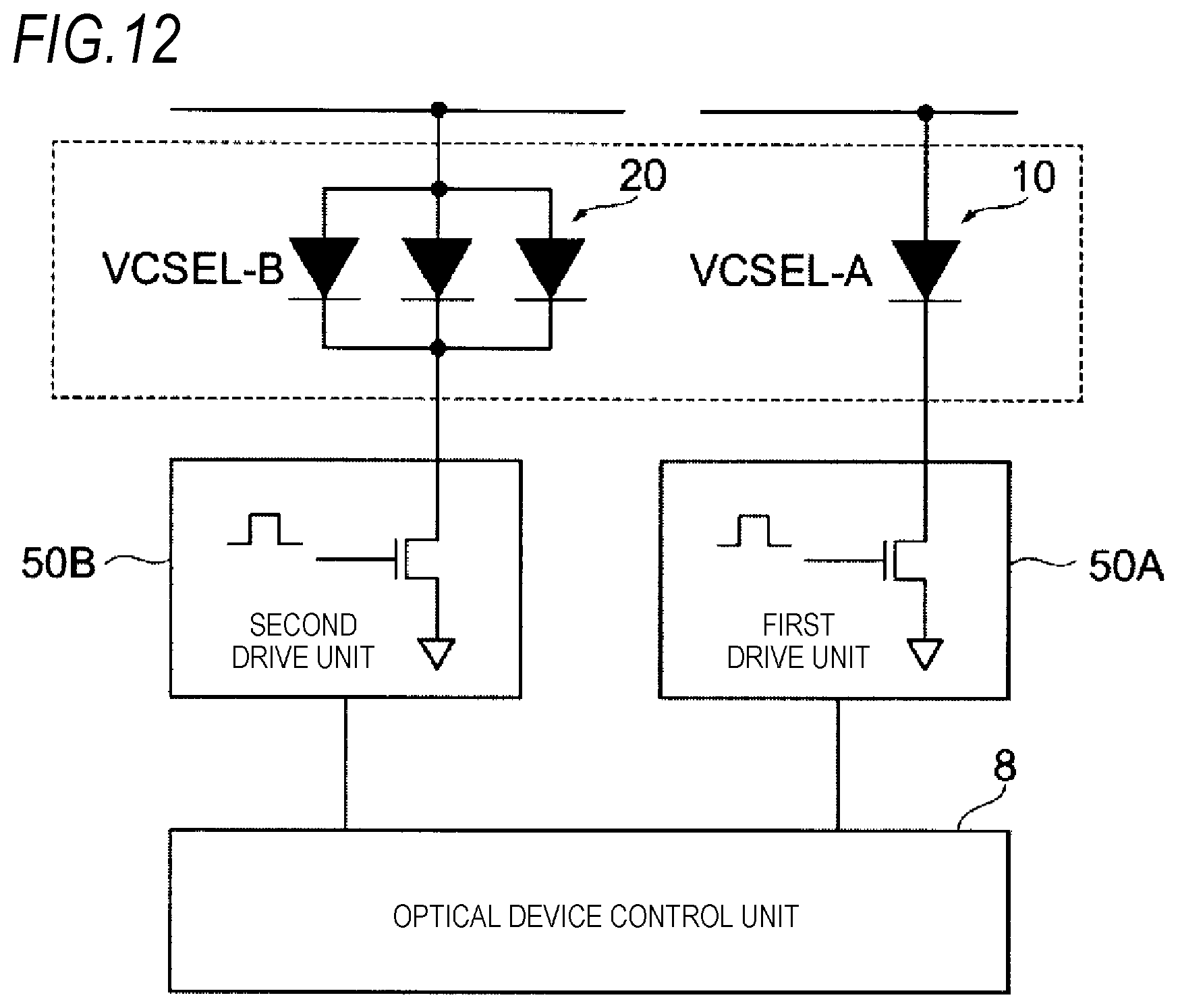 Patent US12107396 Figure 12 – Light-emitting device, optical device, and information processing device