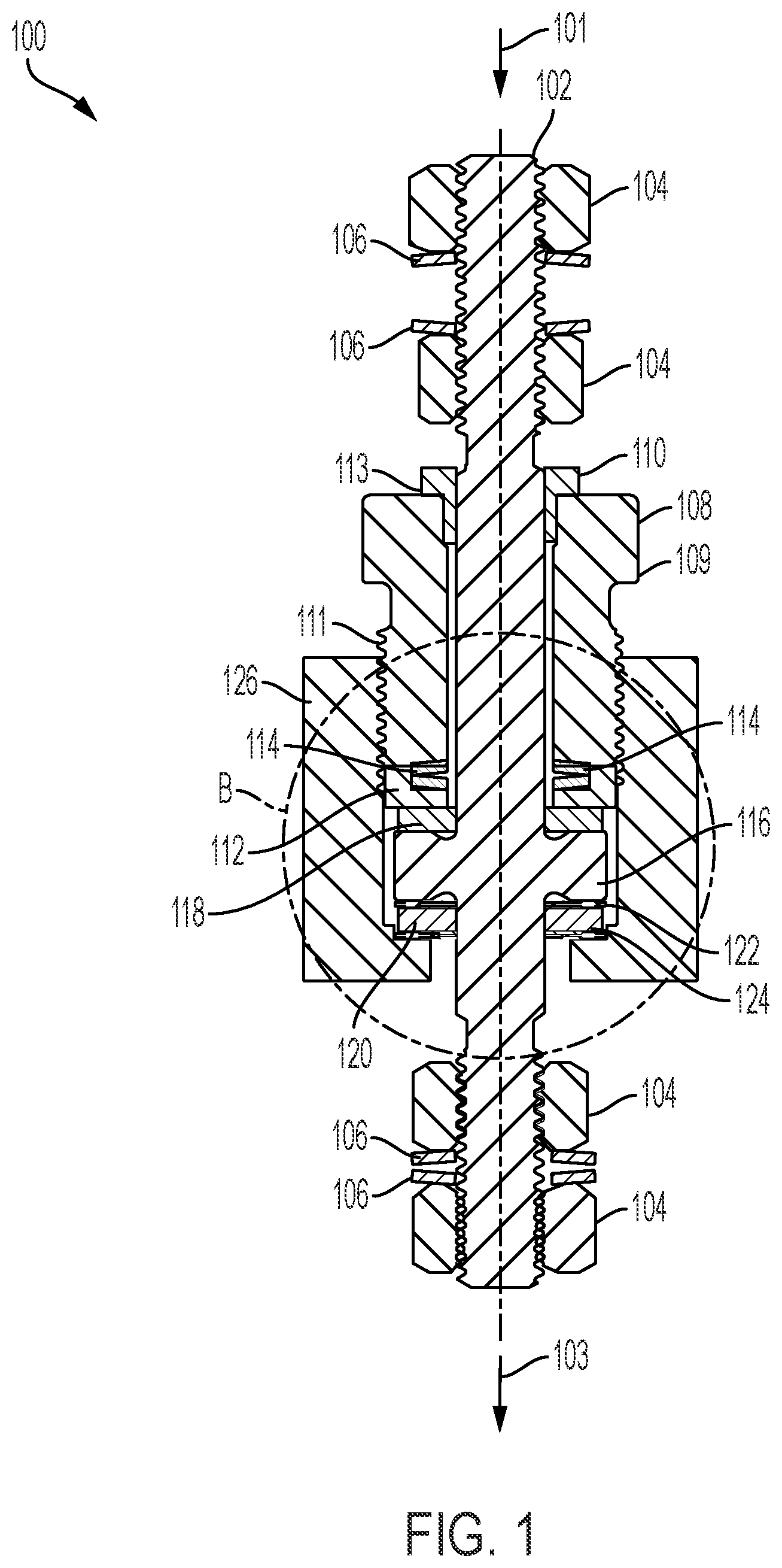 Patent US12107407 Figure 1 – Apparatus for an electric feedthrough assembly with varying characteristics based on electric rating requirements