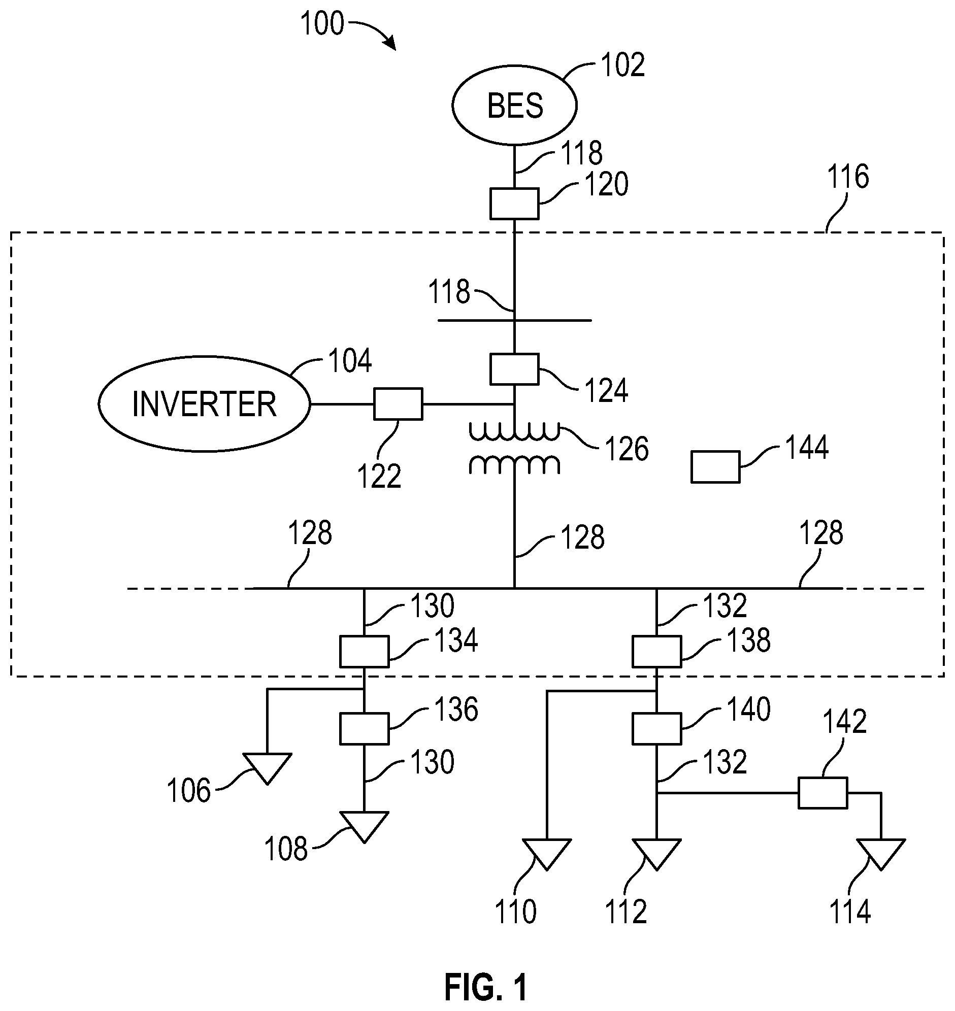 Patent US12107414 Figure 1 – Systems and methods for operating an islanded distribution substation using inverter power generation