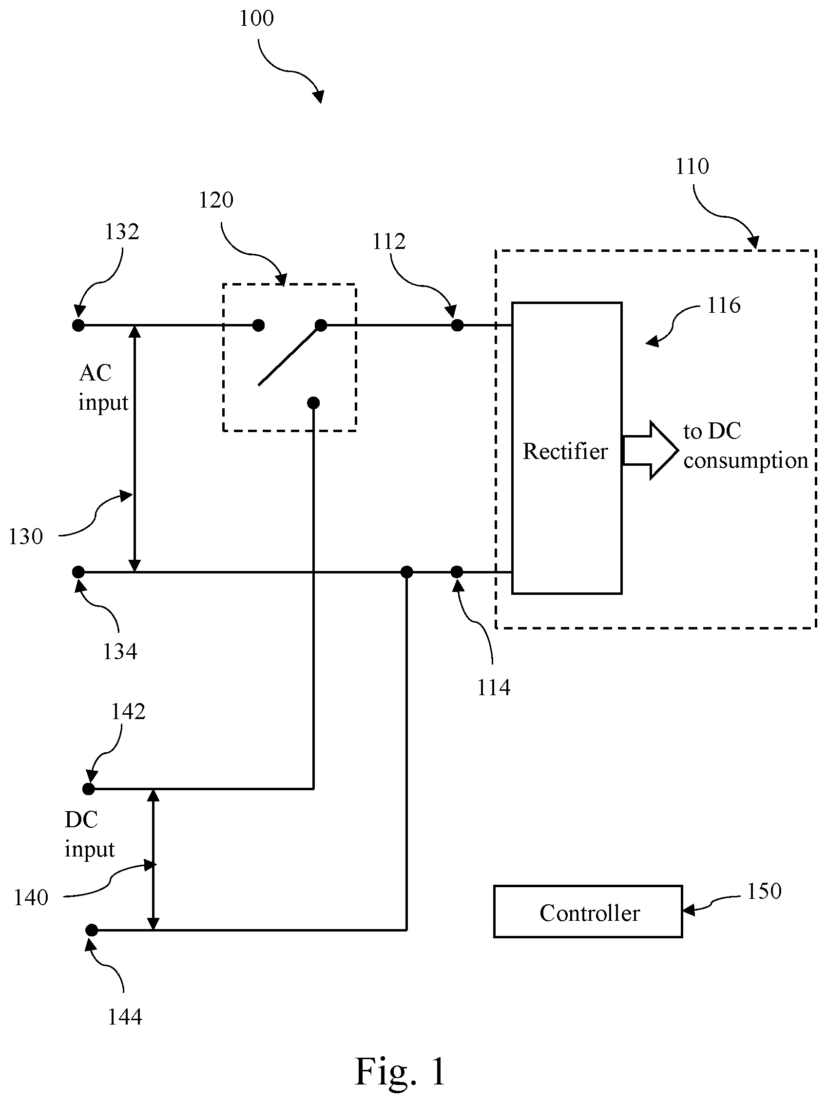 Patent US12107457 Figure 1 – System to provide AC or DC power to electronic equipment