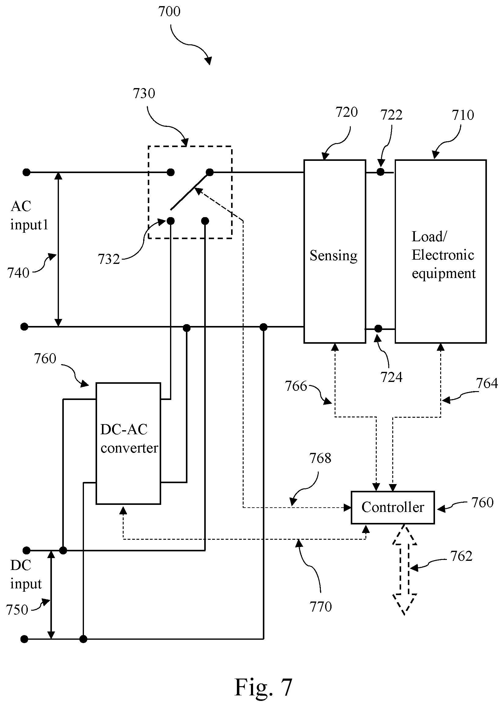 Patent US12107457 Figure 7 – System to provide AC or DC power to electronic equipment