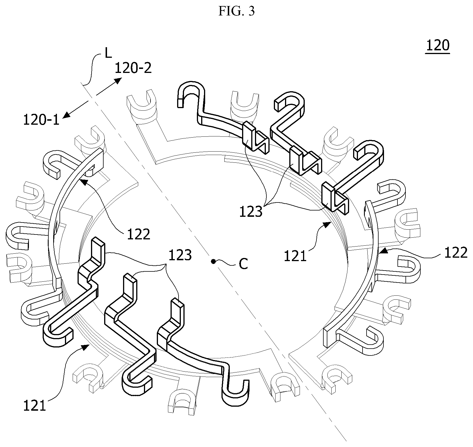 Patent US12107471 Figure 3 – Motor including a busbar having a plurality of terminals