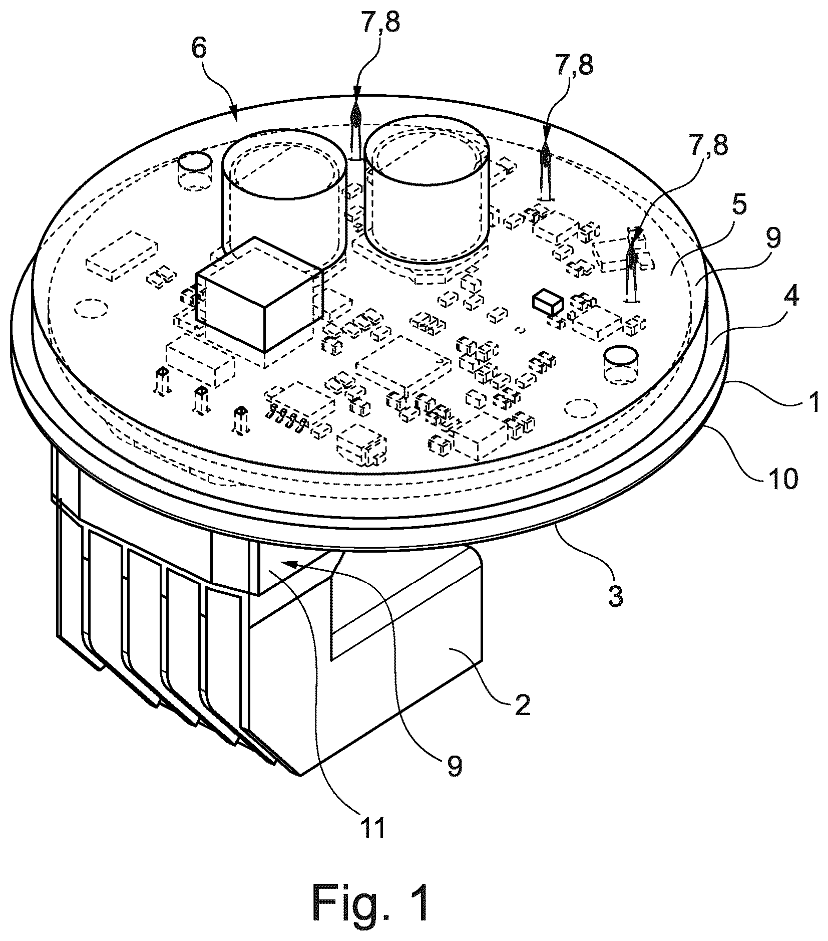 Patent US12107479 Figure 1 – Motor housing cover arrangement of an electric motor with components surrounded by molding compound