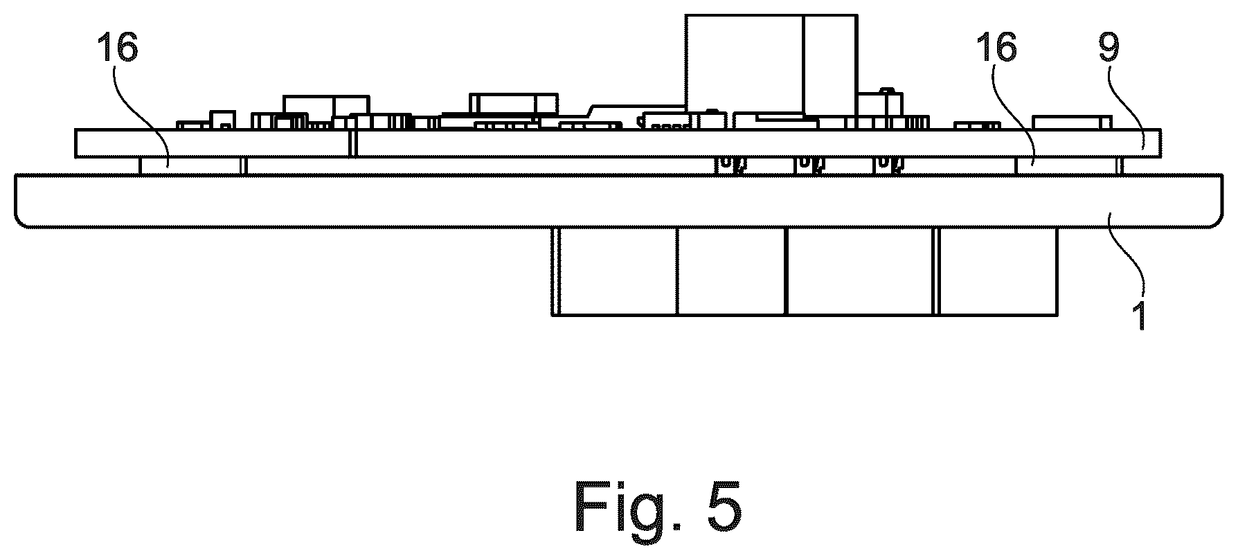 Patent US12107479 Figure 5 – Motor housing cover arrangement of an electric motor with components surrounded by molding compound
