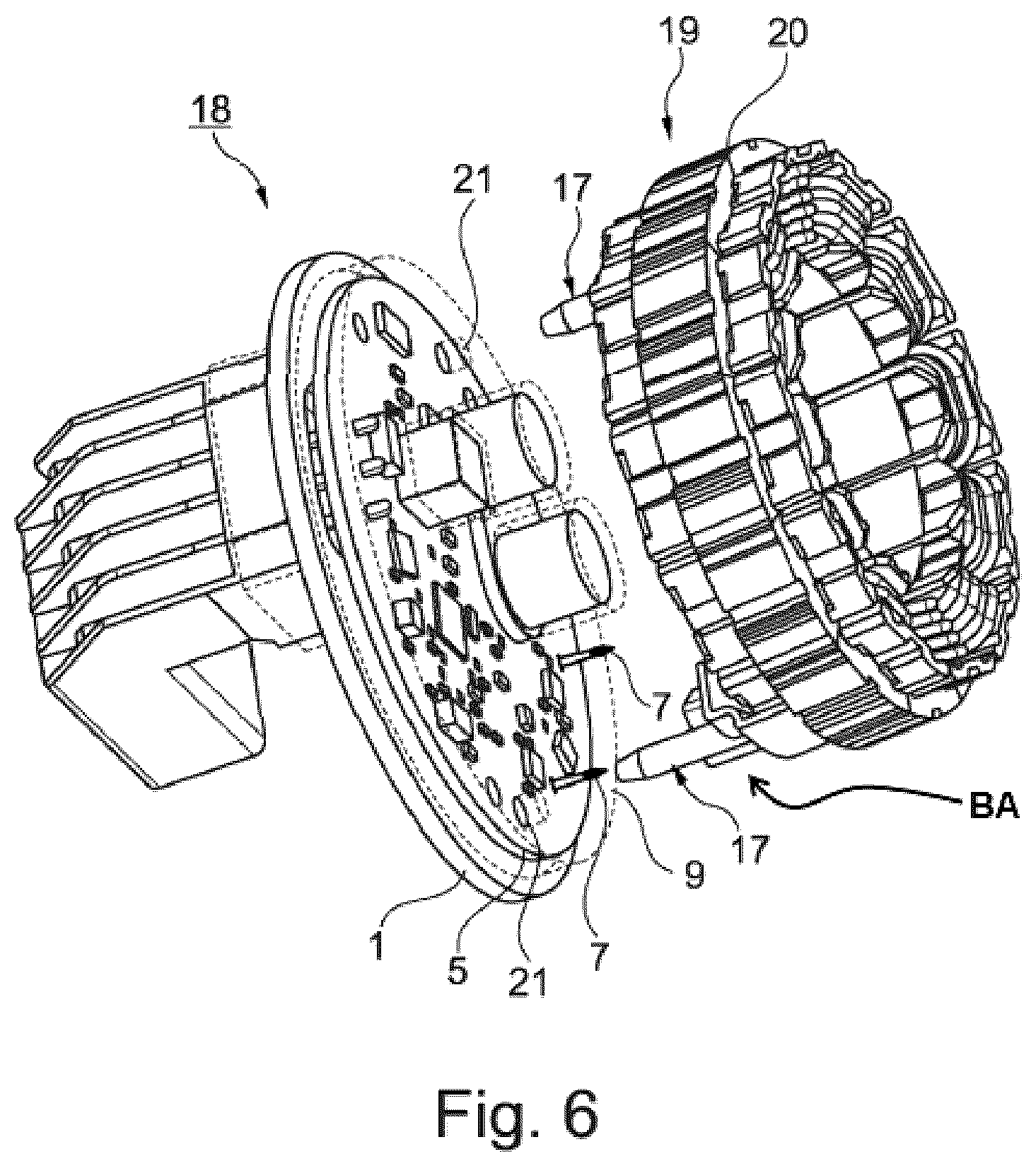 Patent US12107479 Figure 6 – Motor housing cover arrangement of an electric motor with components surrounded by molding compound