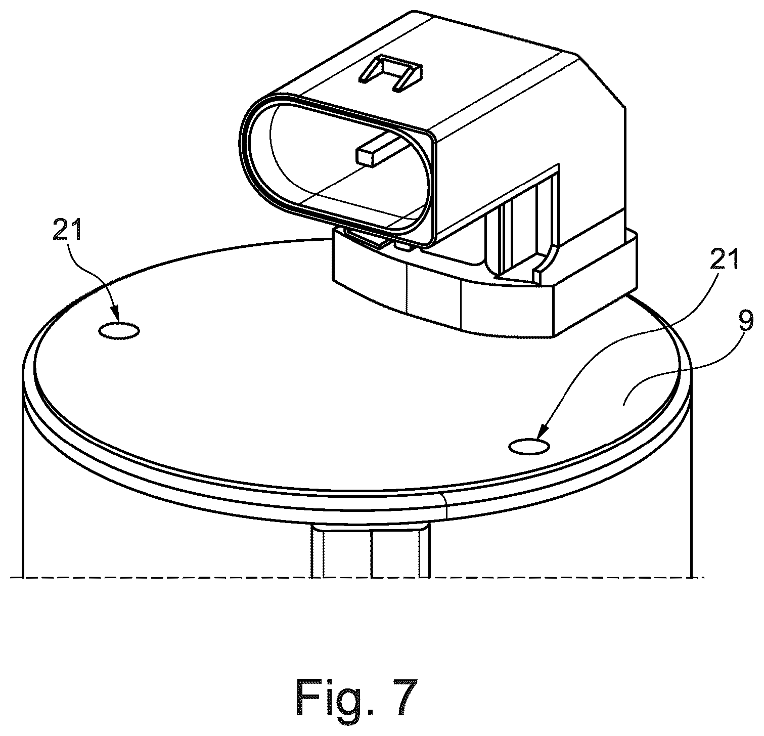 Patent US12107479 Figure 7 – Motor housing cover arrangement of an electric motor with components surrounded by molding compound