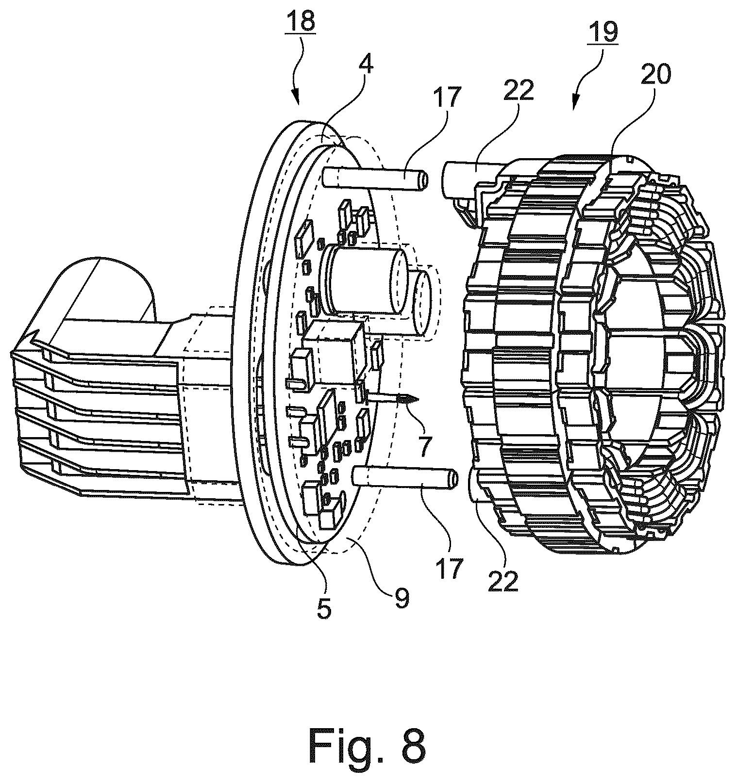 Patent US12107479 Figure 8 – Motor housing cover arrangement of an electric motor with components surrounded by molding compound