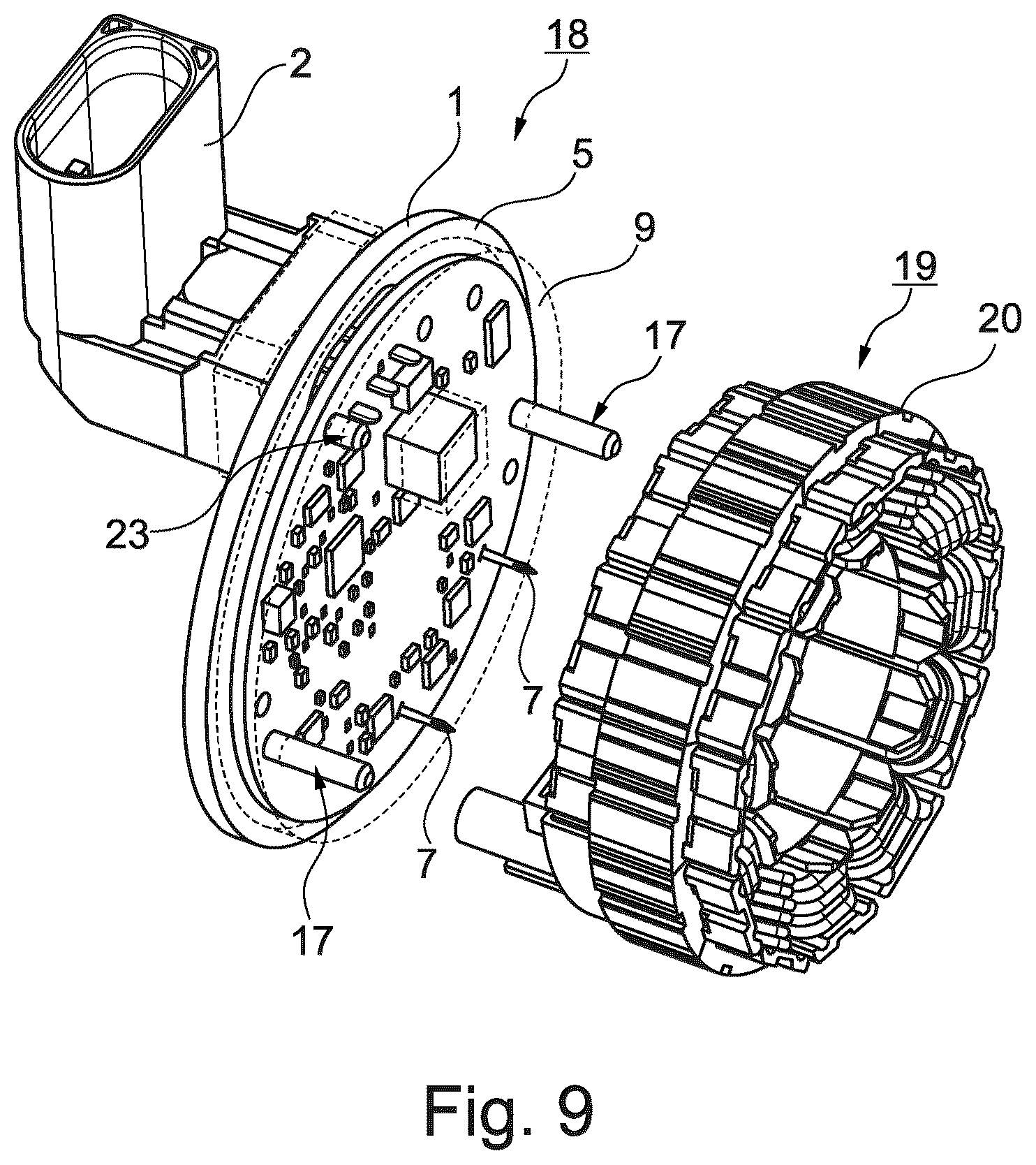 Patent US12107479 Figure 9 – Motor housing cover arrangement of an electric motor with components surrounded by molding compound