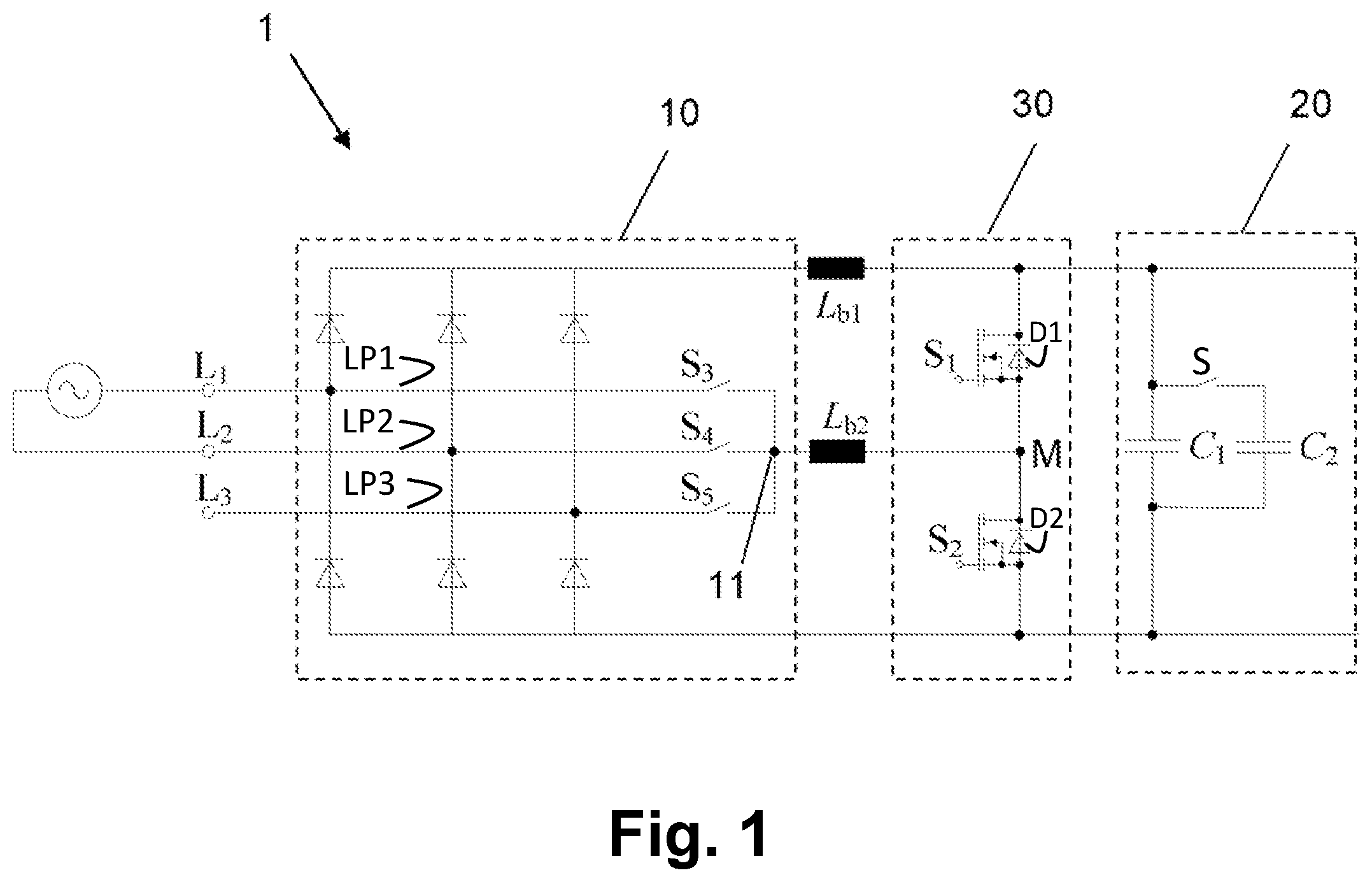 Patent US12107491 Figure 1 – Efficient DC link processing within a PFC circuit arrangement