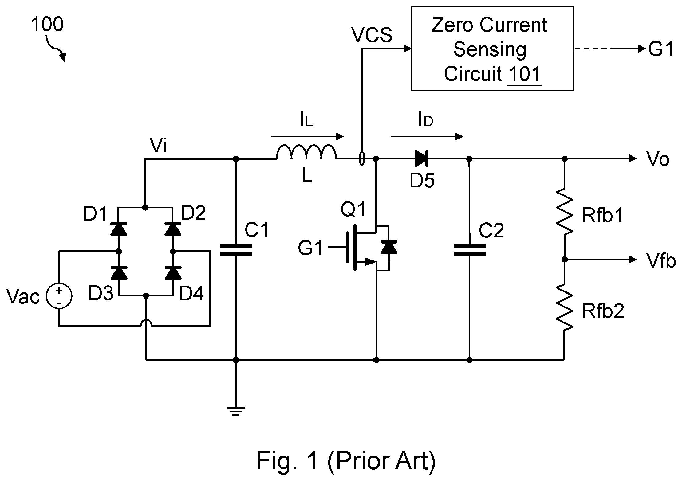 Patent US12107492 Figure 1 – Power factor correction converter, controller and zero current prediction circuit thereof