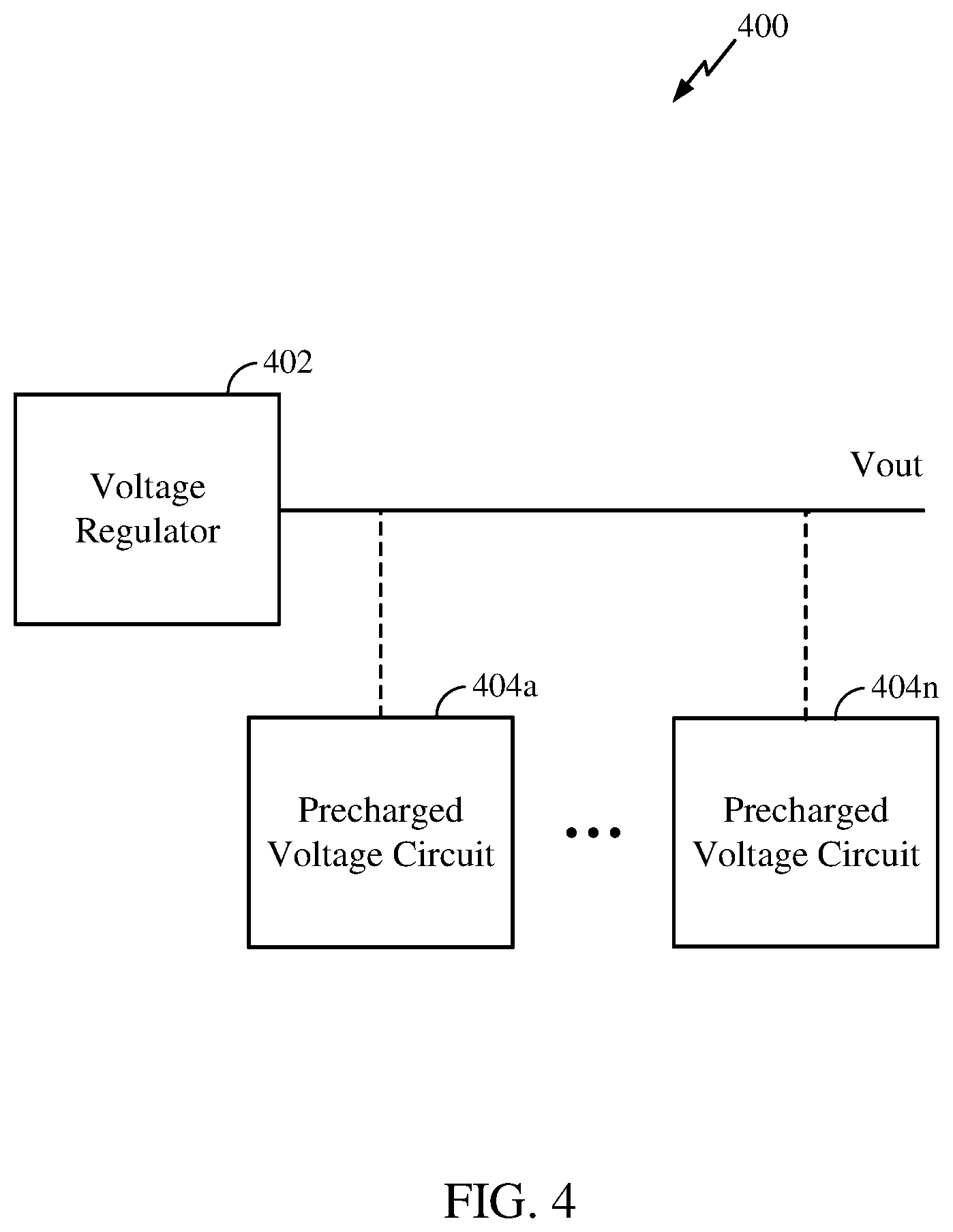 Patent US12107497 Figure 4 – Methods and apparatuses for voltage regulation using predictively charged precharge rails