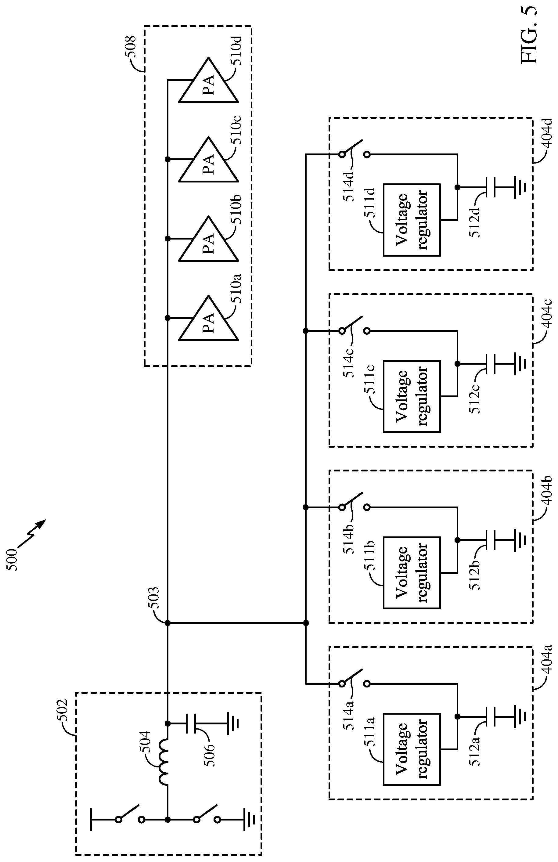 Patent US12107497 Figure 5 – Methods and apparatuses for voltage regulation using predictively charged precharge rails