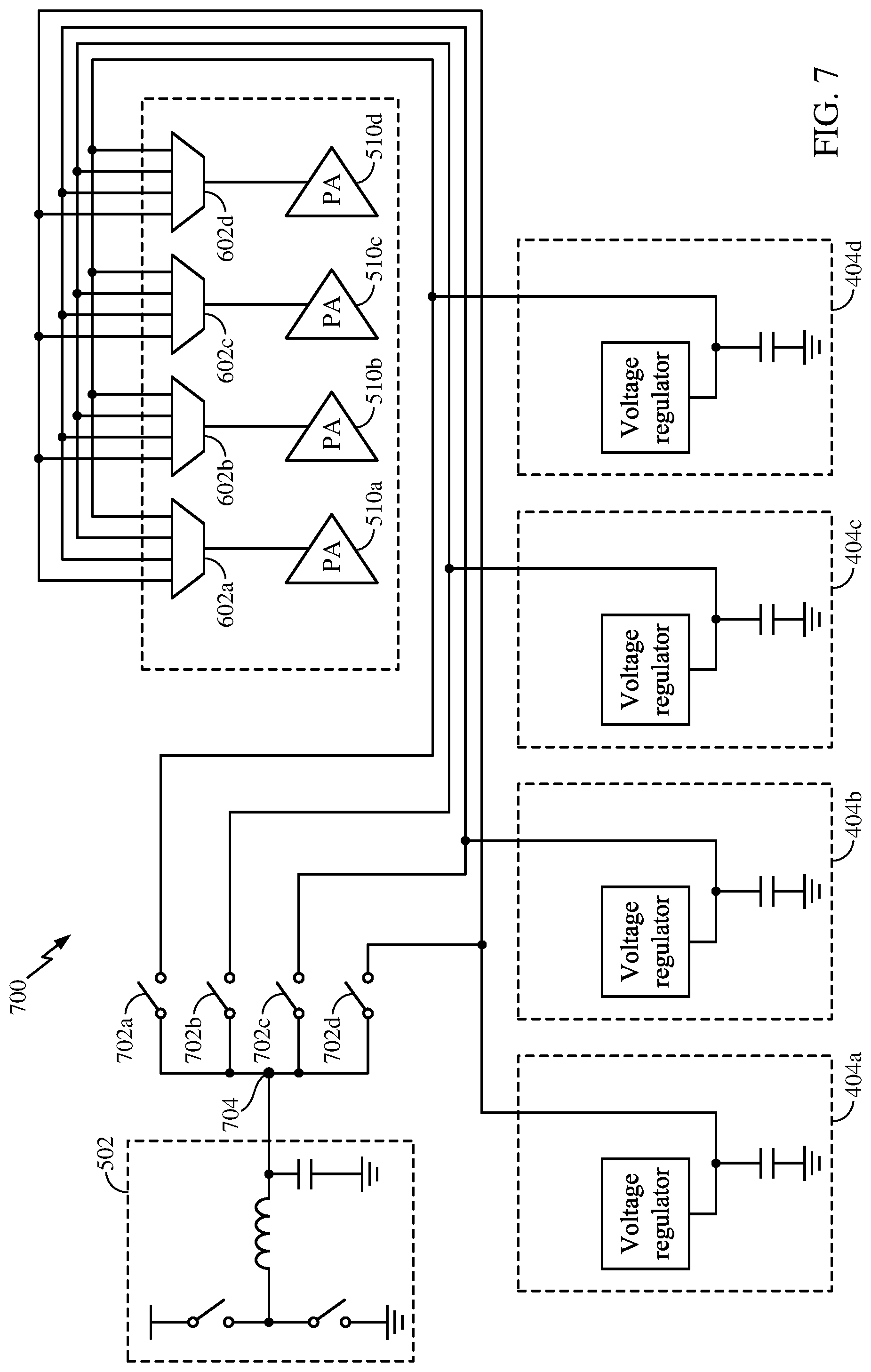 Patent US12107497 Figure 7 – Methods and apparatuses for voltage regulation using predictively charged precharge rails