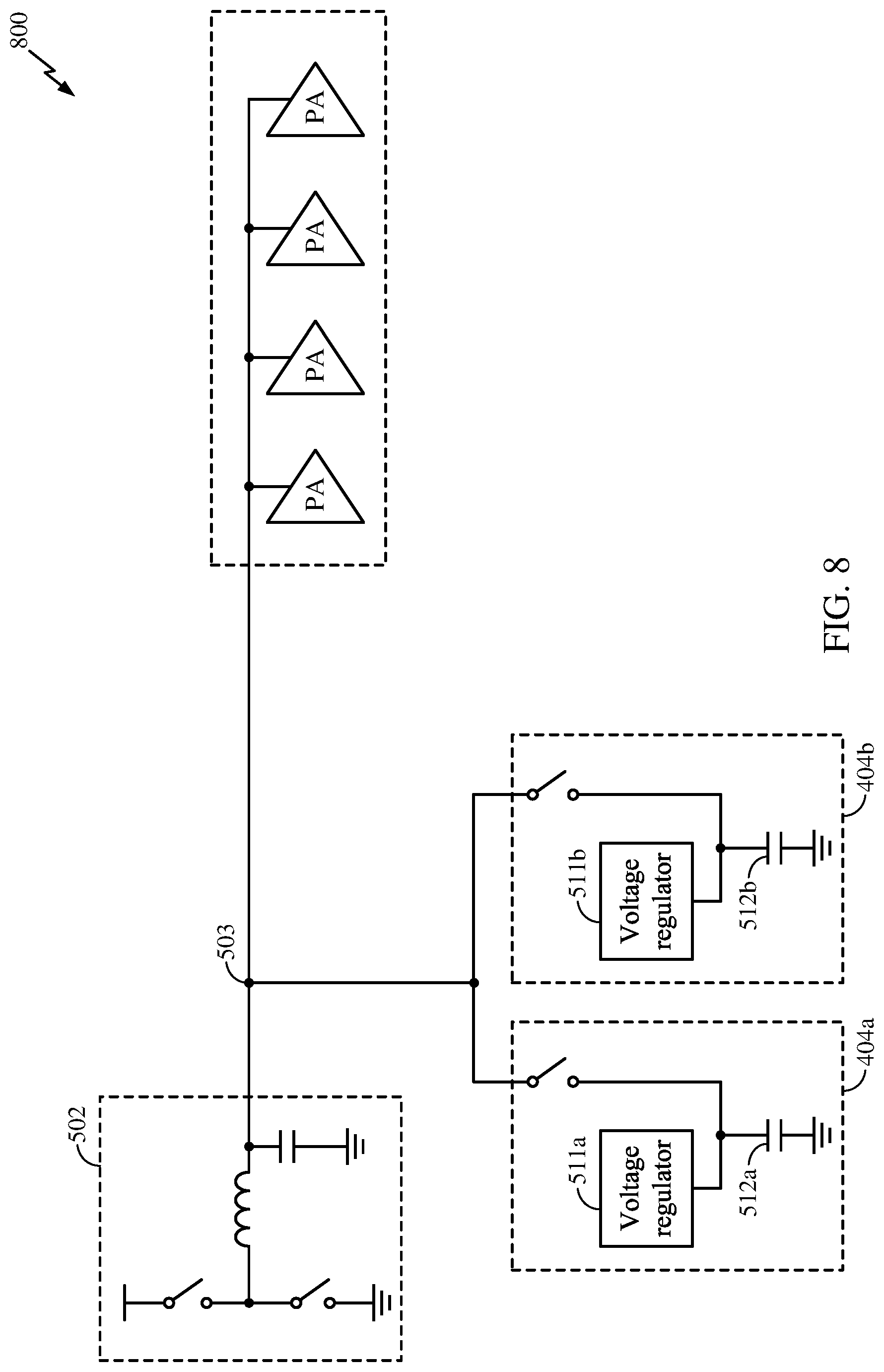 Patent US12107497 Figure 8 – Methods and apparatuses for voltage regulation using predictively charged precharge rails