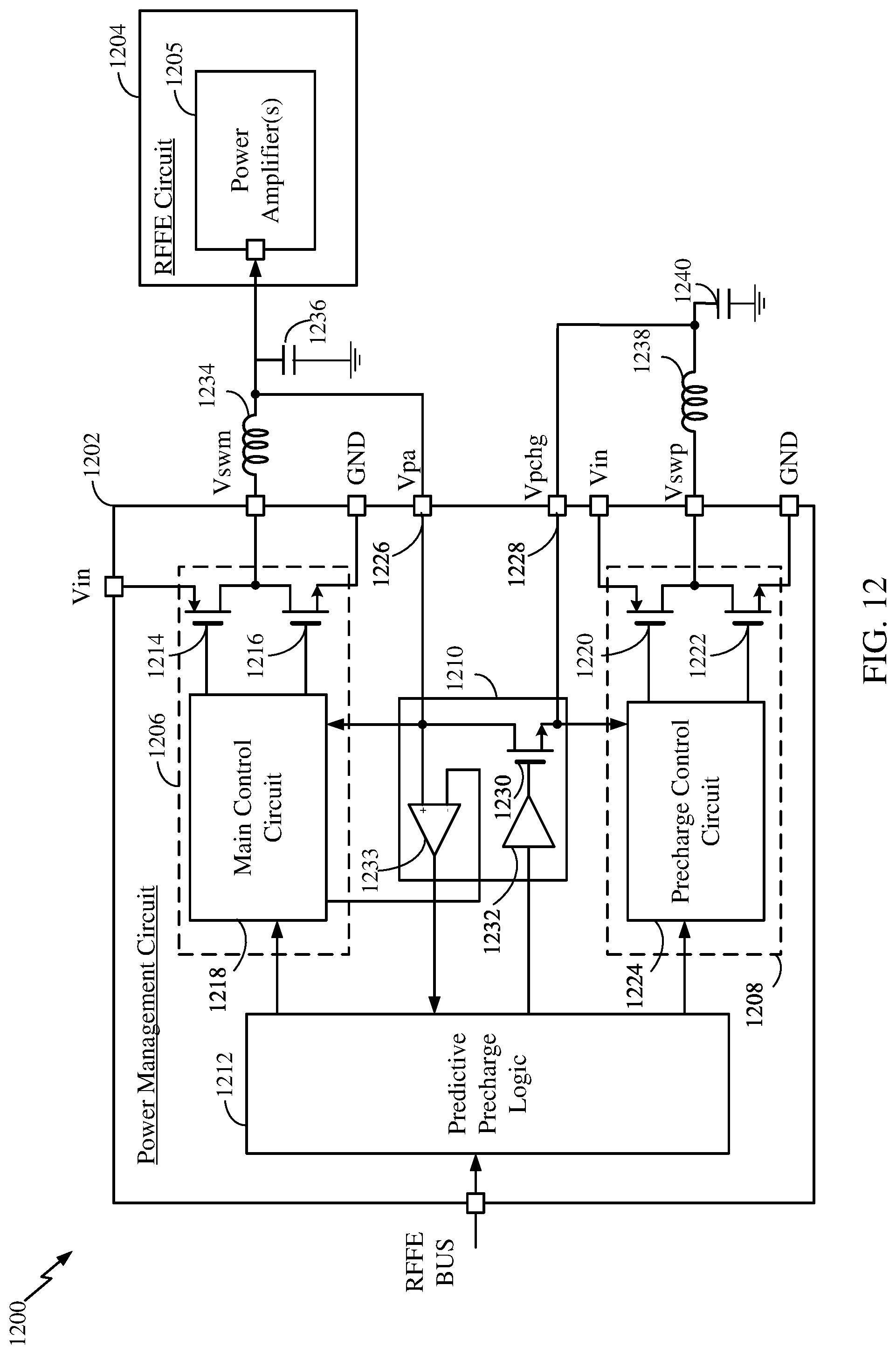 Patent US12107497 Figure 12 – Methods and apparatuses for voltage regulation using predictively charged precharge rails