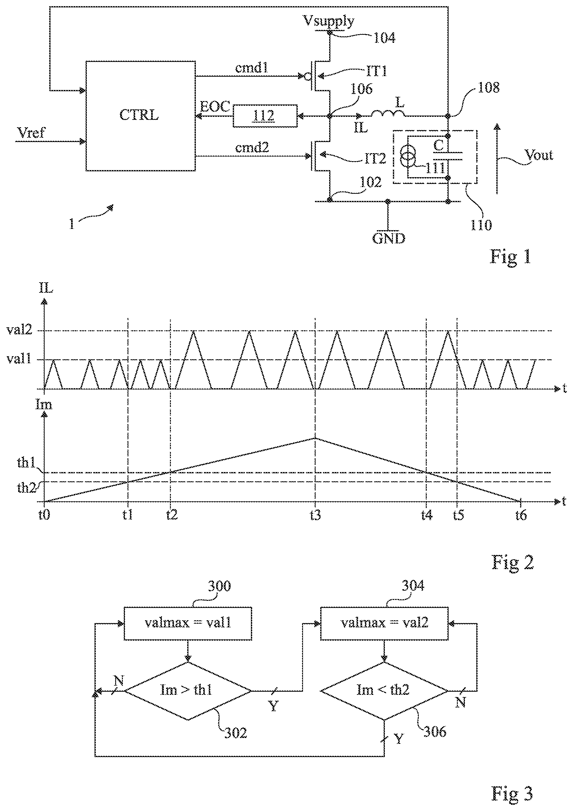 Patent US12107499 Figure 1 – Adaptive current threshold controlled SMPS buck converter with pulse frequency modulation