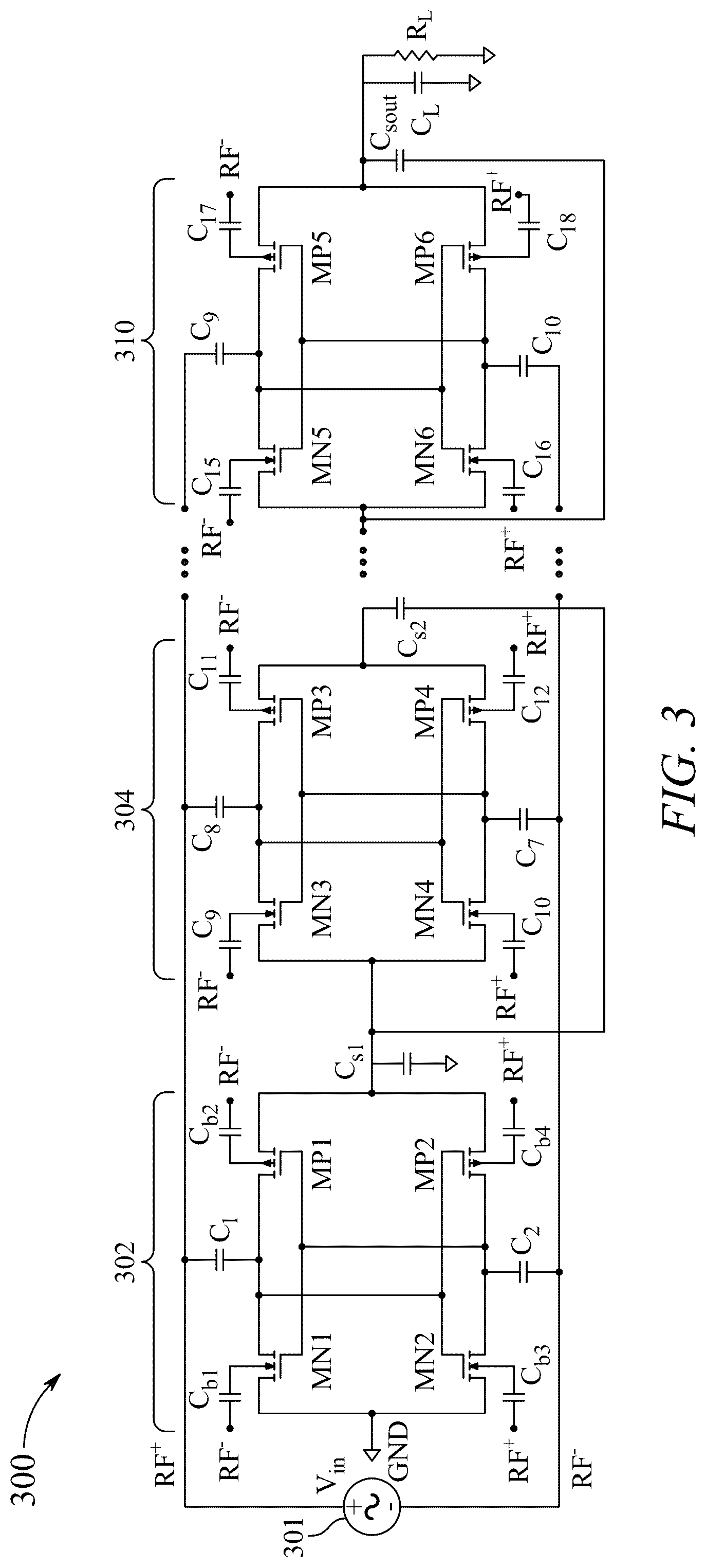 Patent US12107511 Figure 3 – Five stage complimentary metal-oxide semiconductor rectifier with energy harvesting antenna