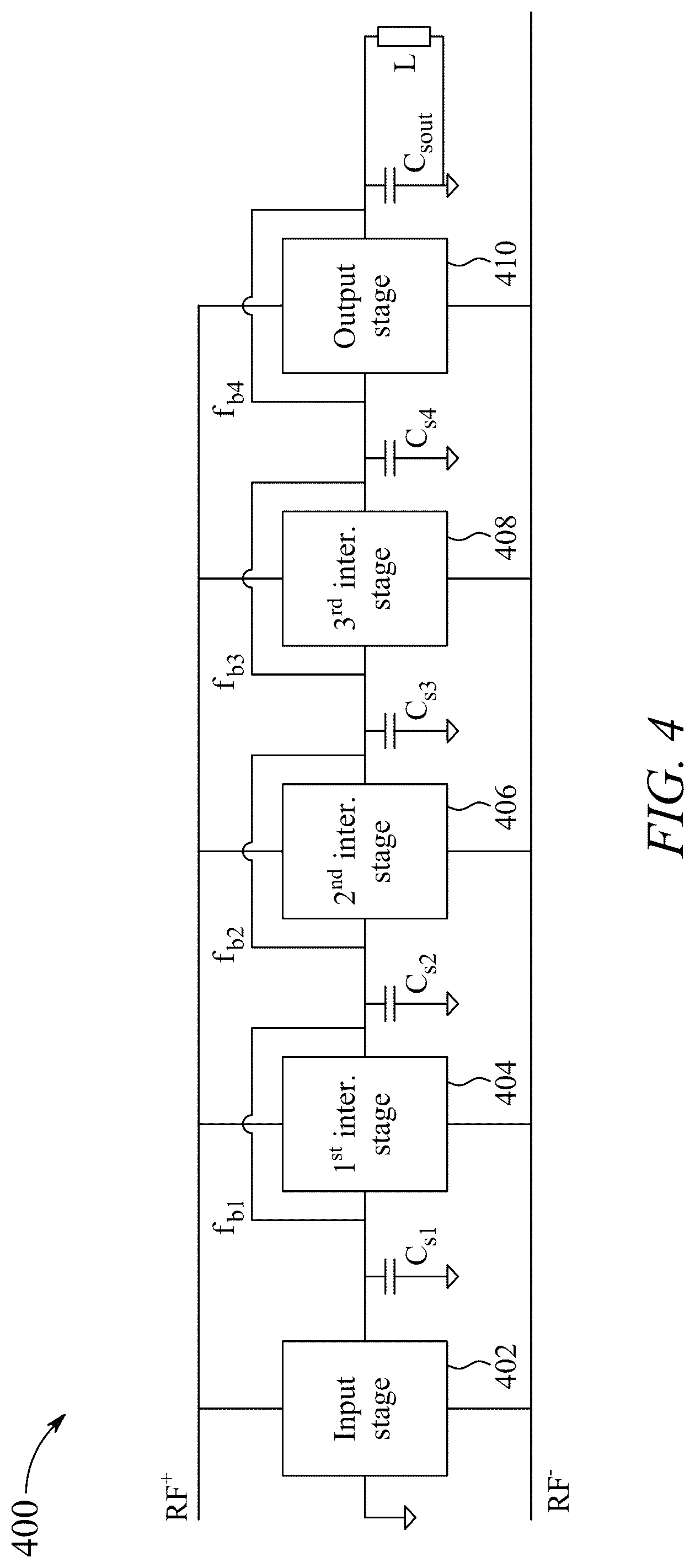 Patent US12107511 Figure 4 – Five stage complimentary metal-oxide semiconductor rectifier with energy harvesting antenna