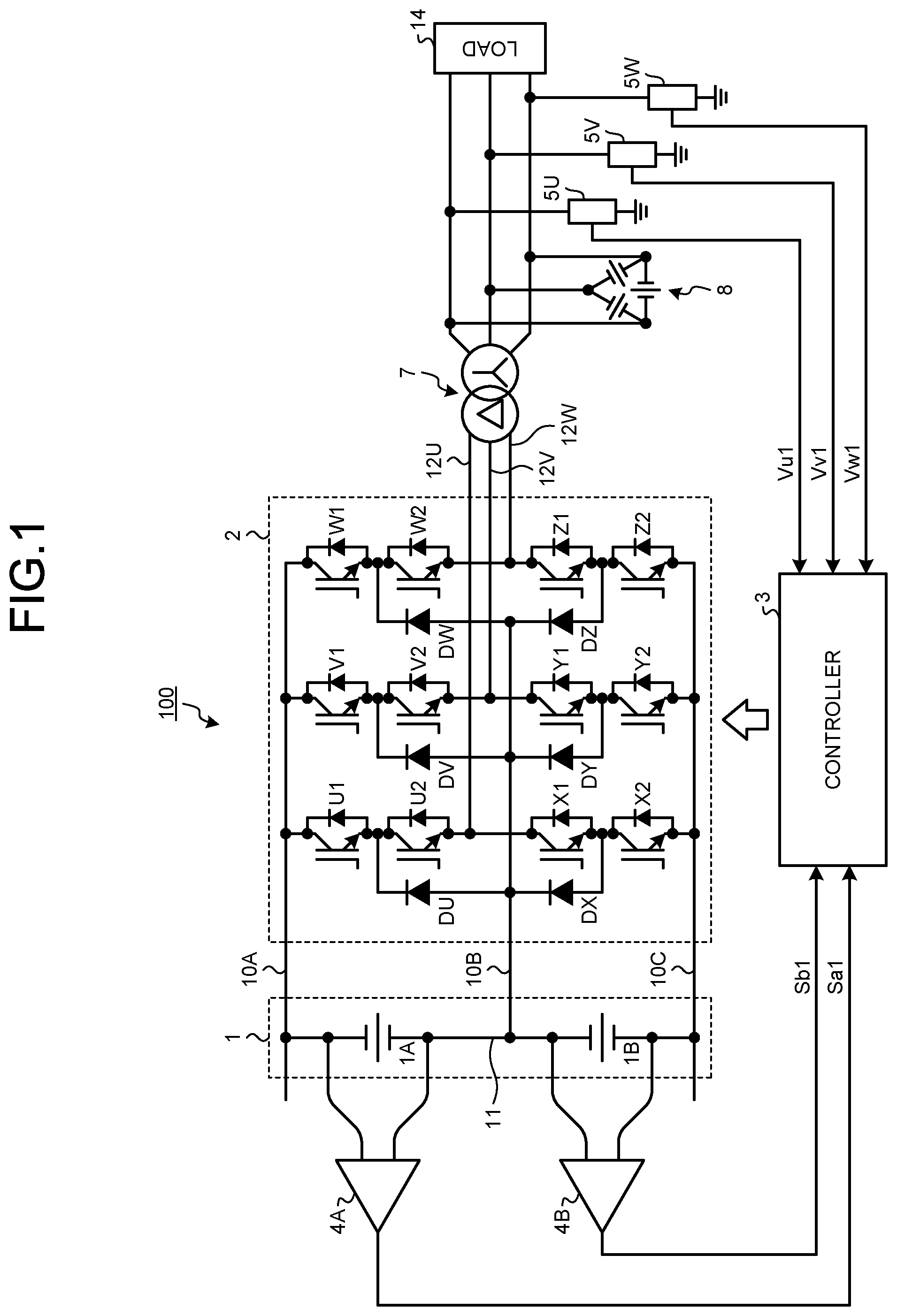 Patent US12107513 Figure 1 – Three-level power converter and method of controlling intermediate potential of direct current power supply unit