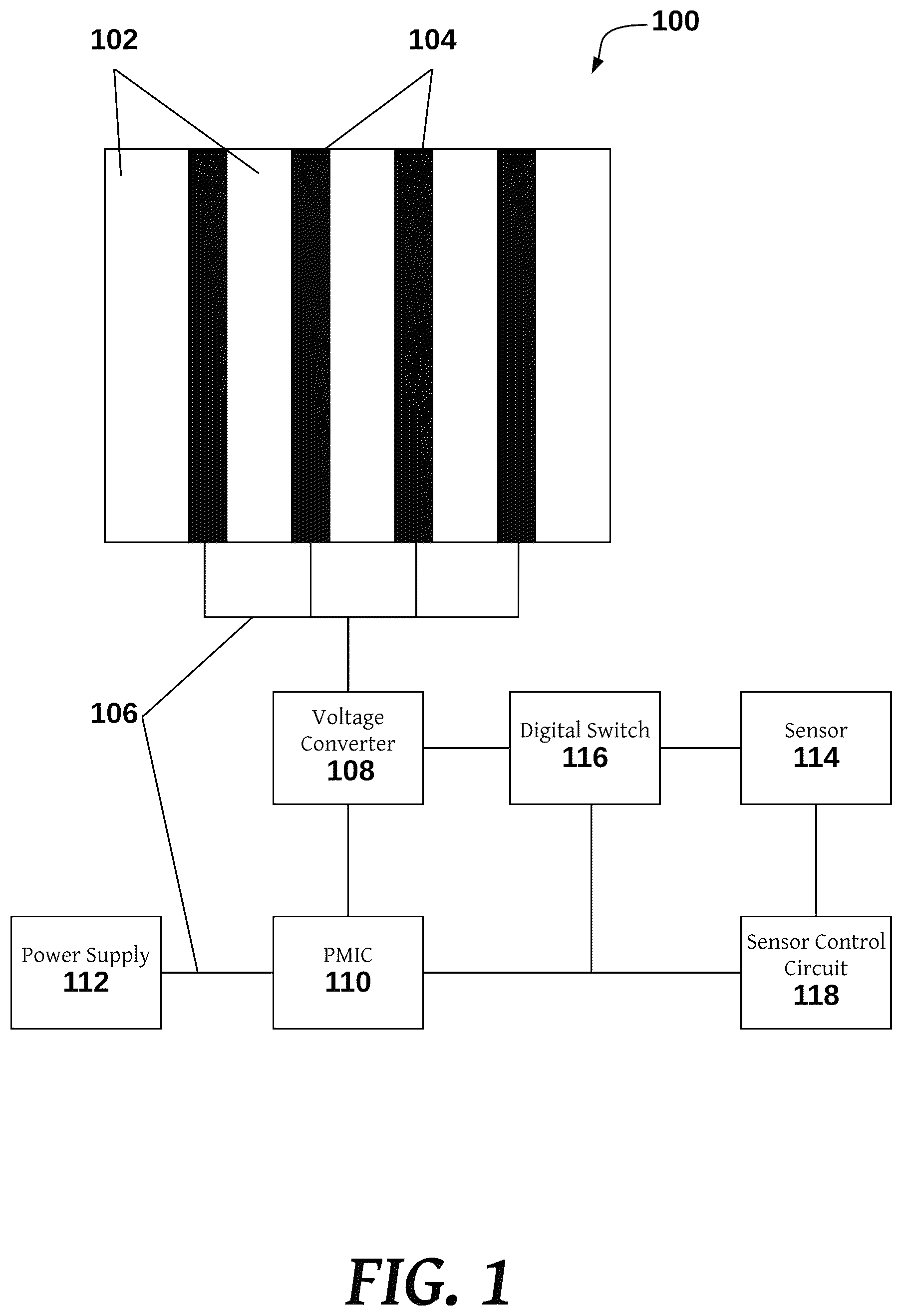 Patent US12107519 Figure 1 – Electroadhesion device with voltage control module