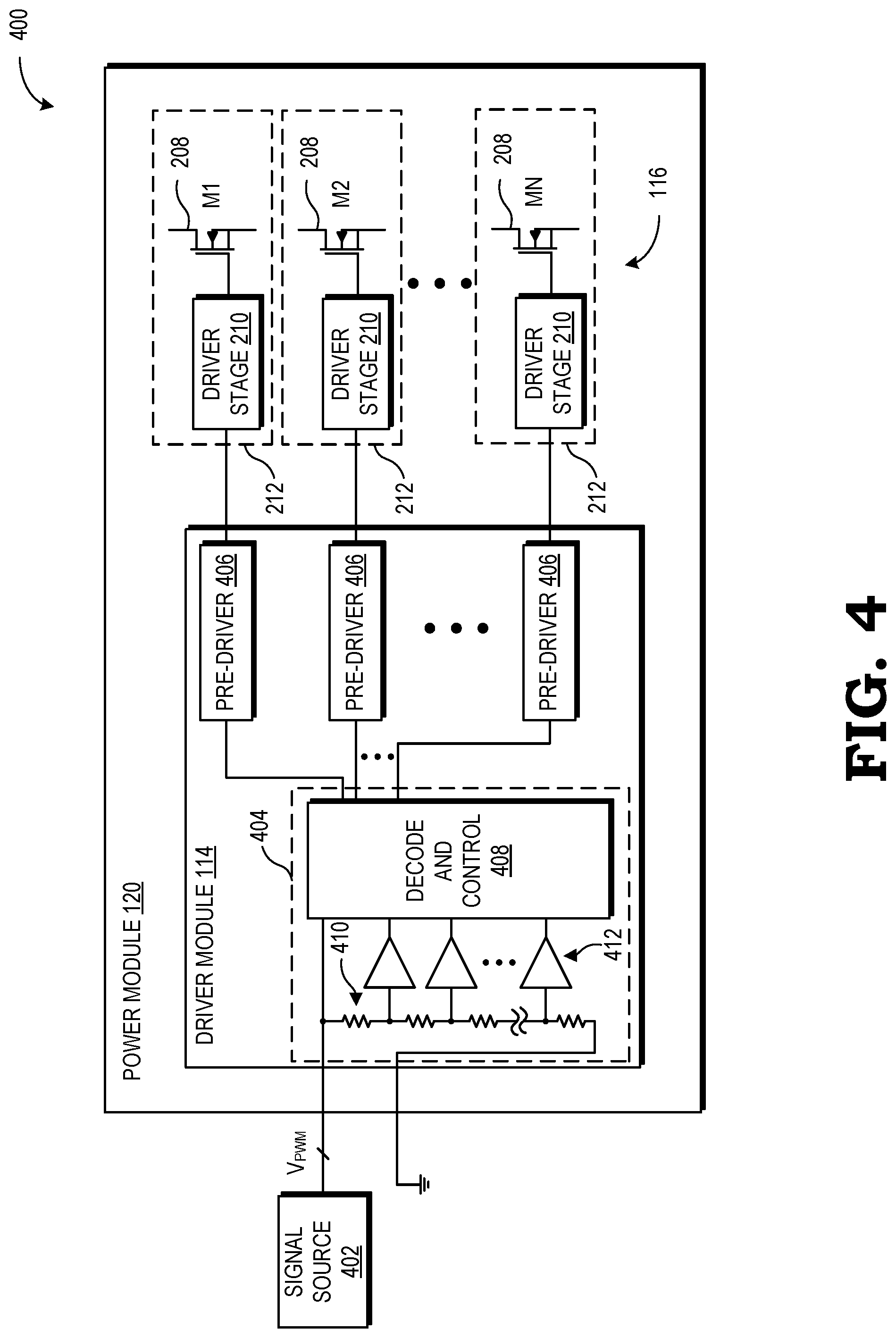 Patent US12107525 Figure 4 – Power module with segmented output driver