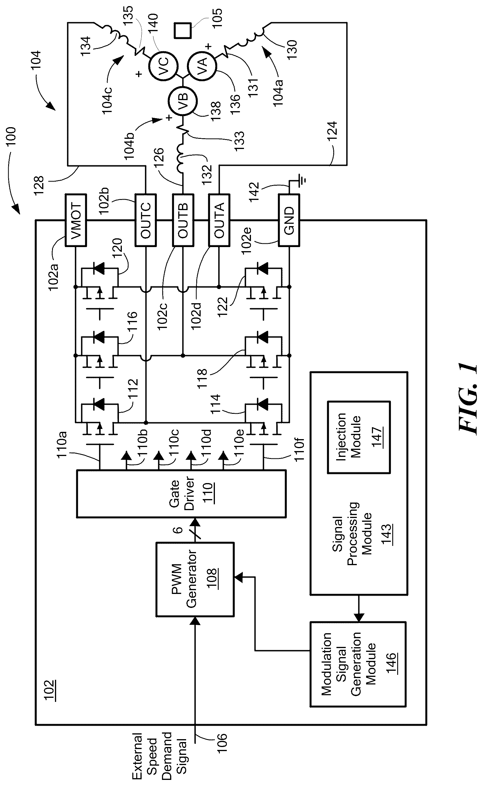 Patent US12107528 Figure 1 – Motor controller having low noise high frequency signal injection