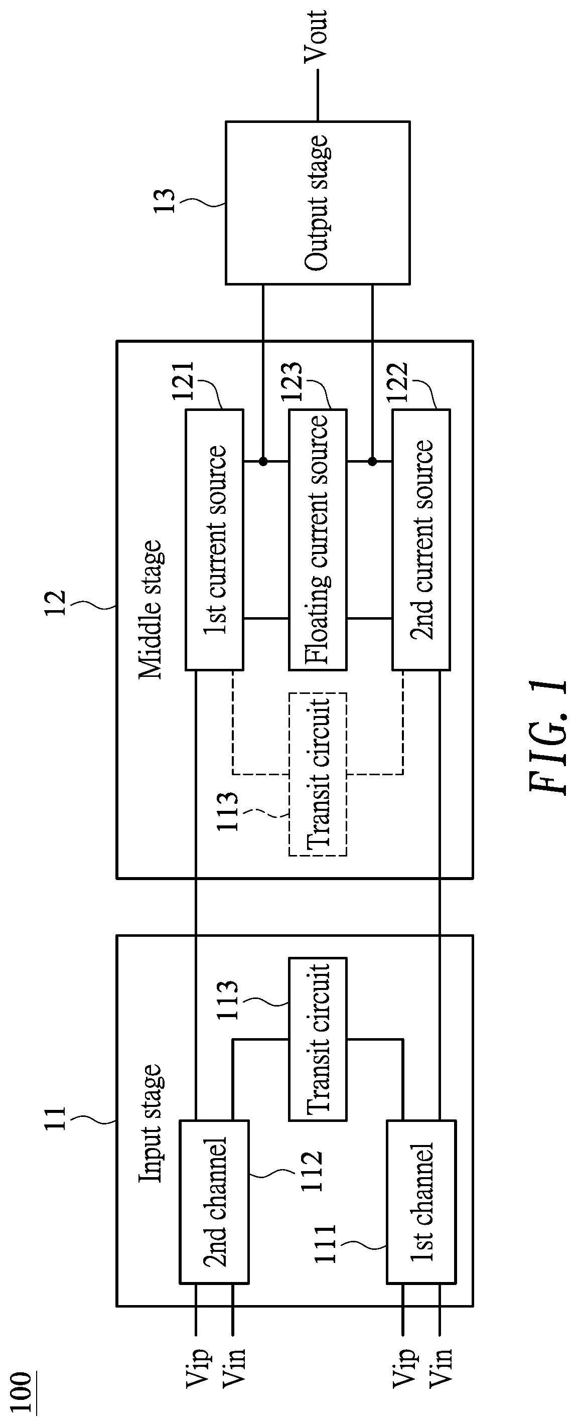 Patent US12107549 Figure 1 – Amplifier with enhanced slew rate