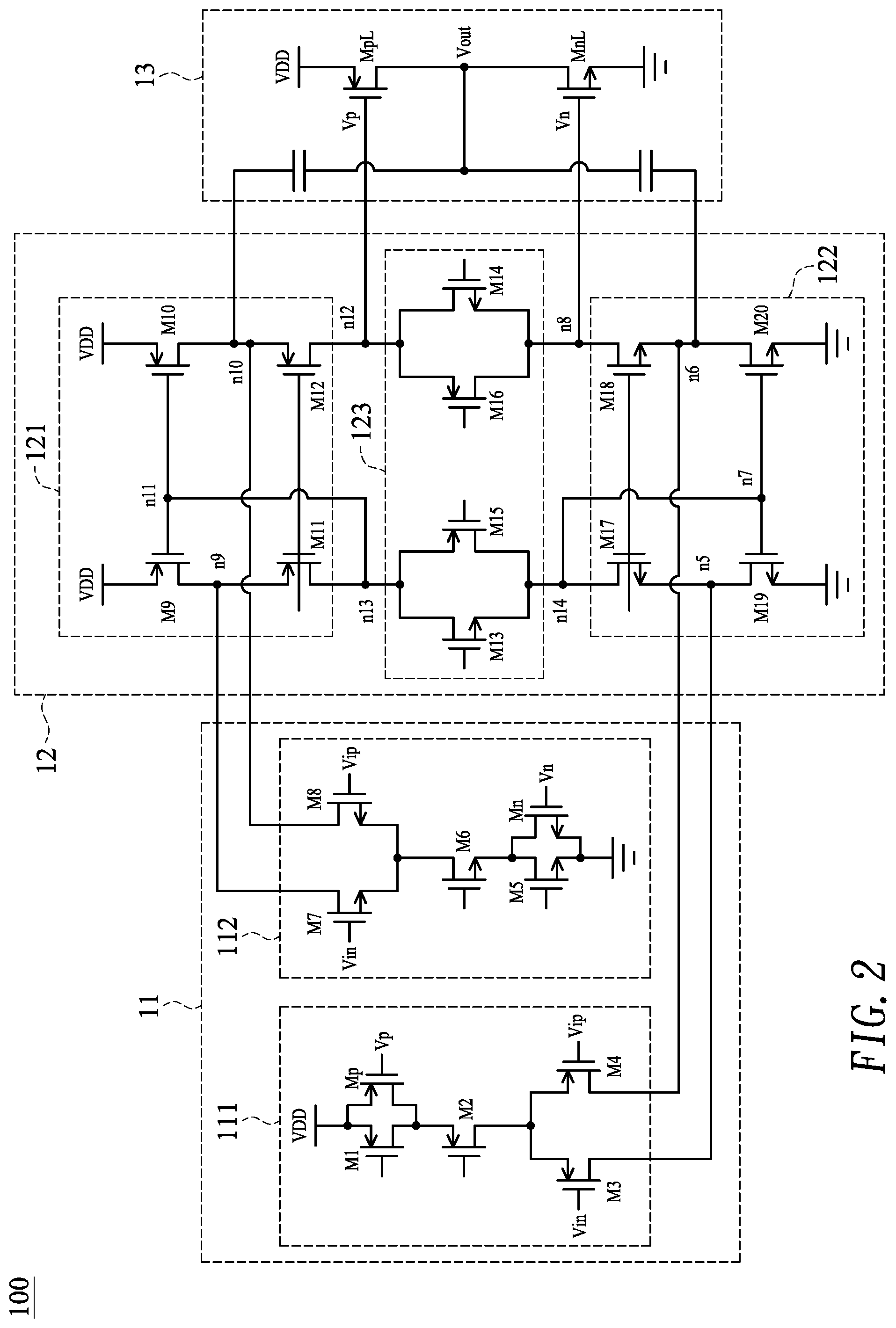 Patent US12107549 Figure 2 – Amplifier with enhanced slew rate