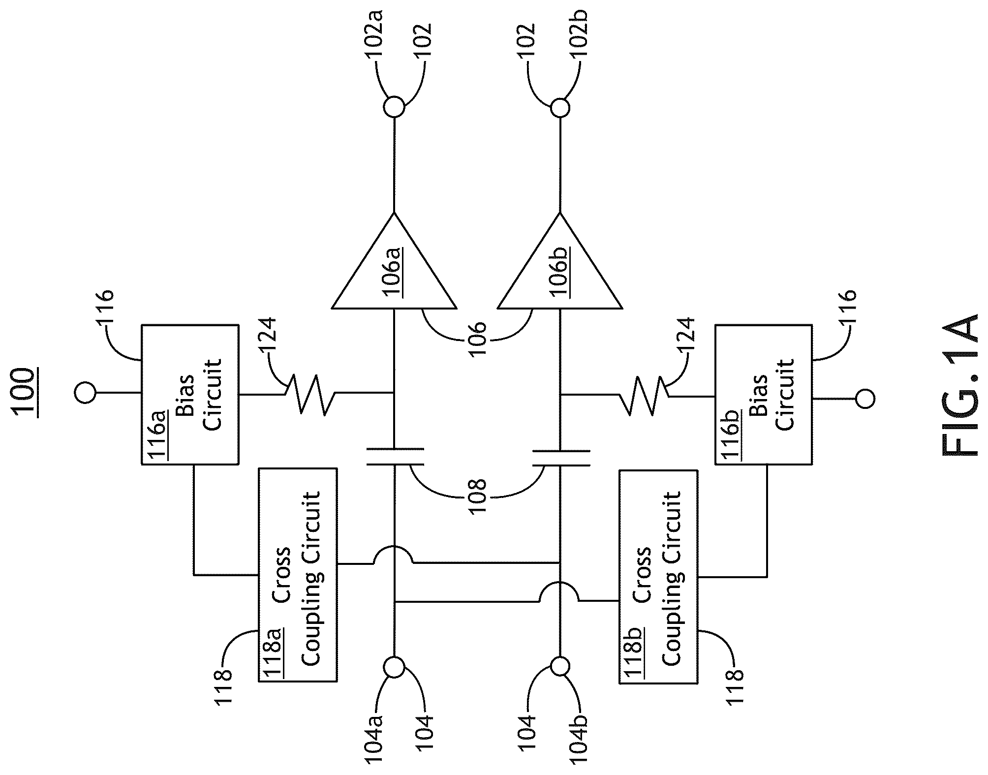 Patent US12107550 Figure 1 – Linearization of differential RF power amplifier by bias control using cross-coupling components