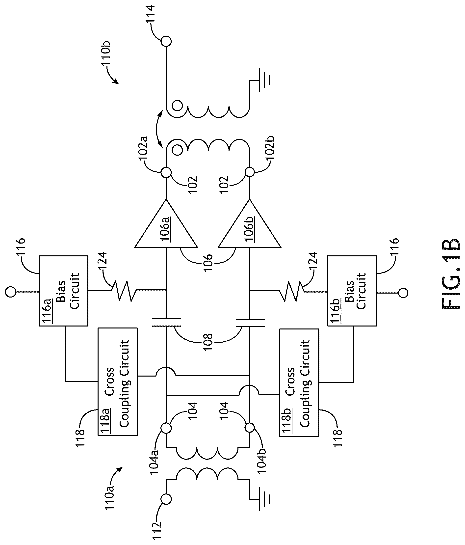 Patent US12107550 Figure 2 – Linearization of differential RF power amplifier by bias control using cross-coupling components