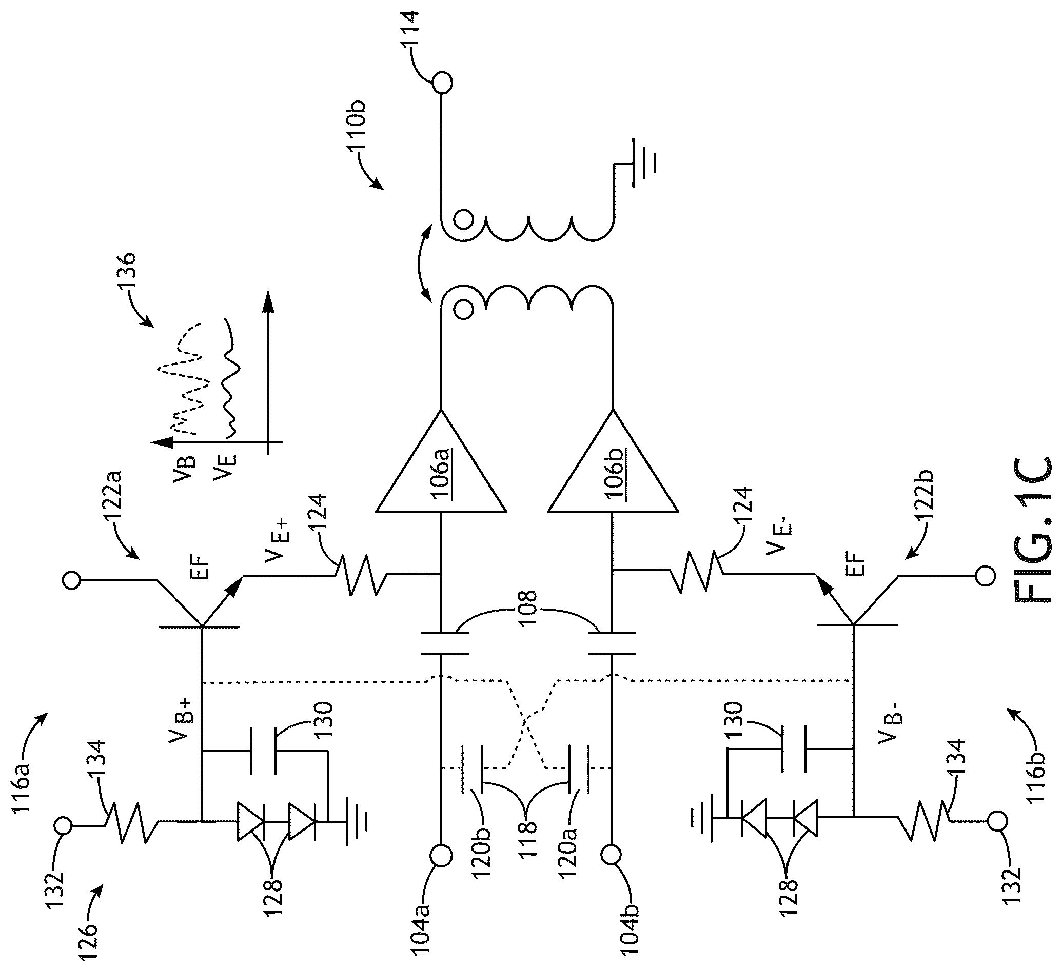 Patent US12107550 Figure 3 – Linearization of differential RF power amplifier by bias control using cross-coupling components