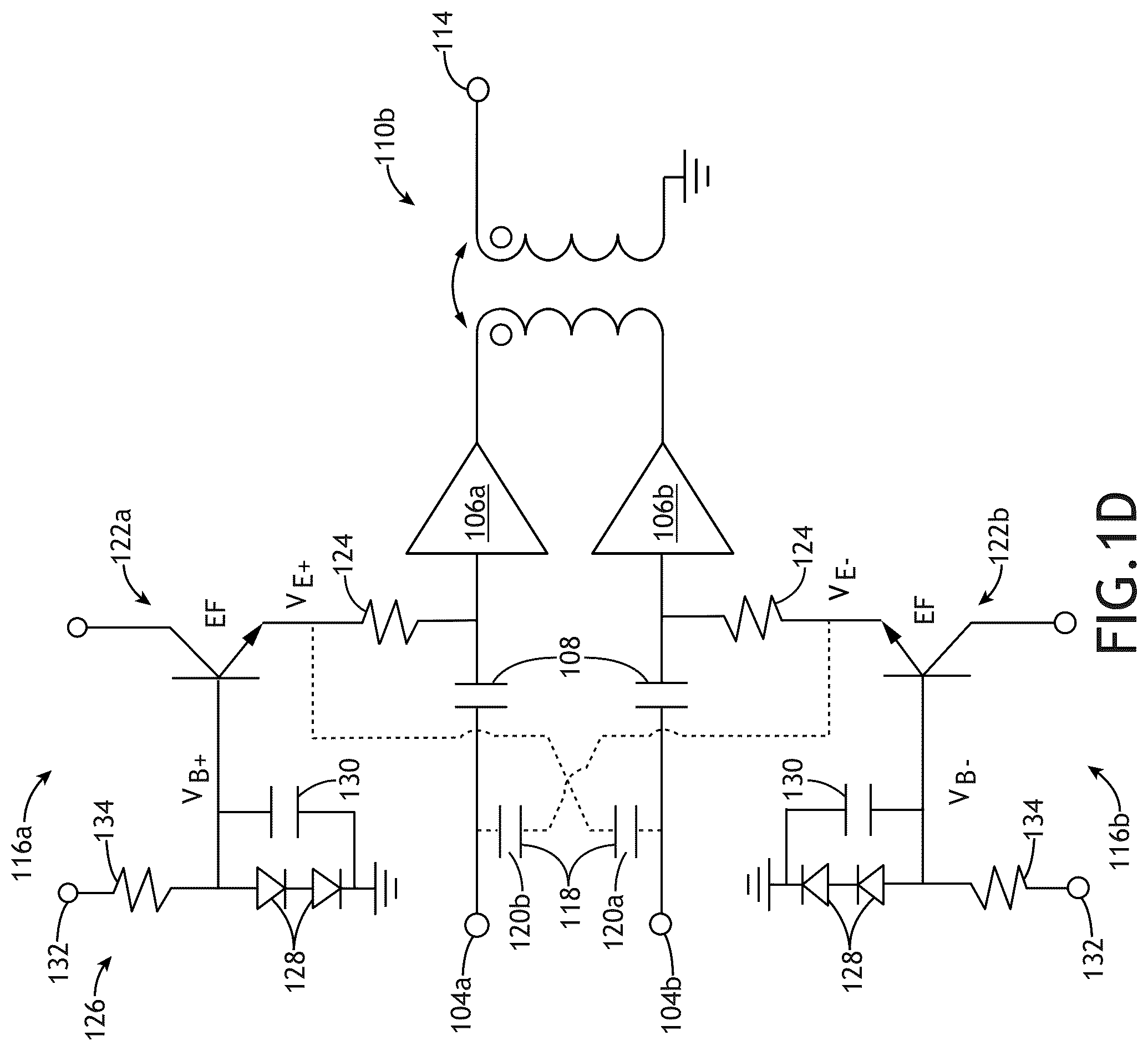 Patent US12107550 Figure 4 – Linearization of differential RF power amplifier by bias control using cross-coupling components