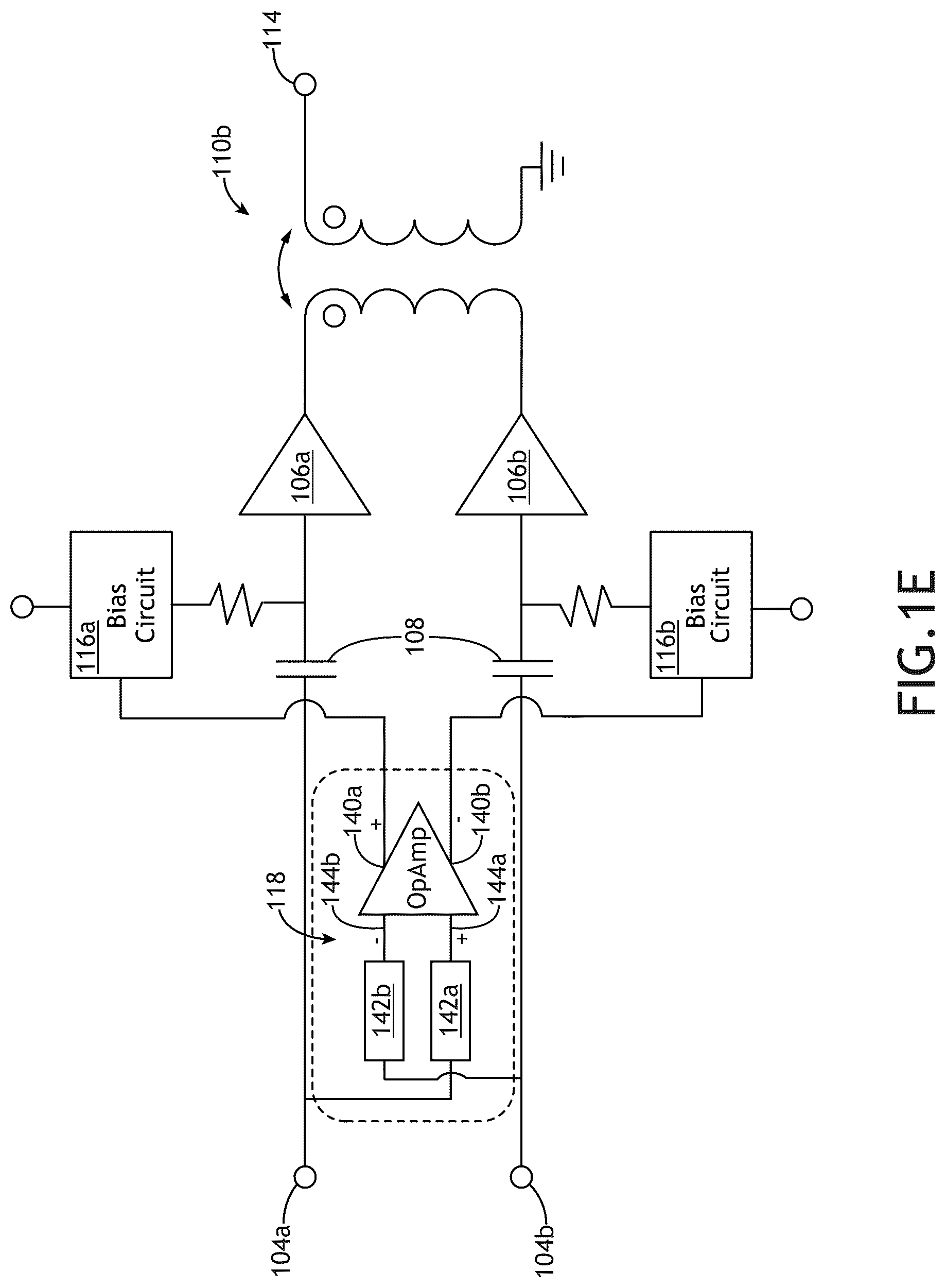 Patent US12107550 Figure 5 – Linearization of differential RF power amplifier by bias control using cross-coupling components