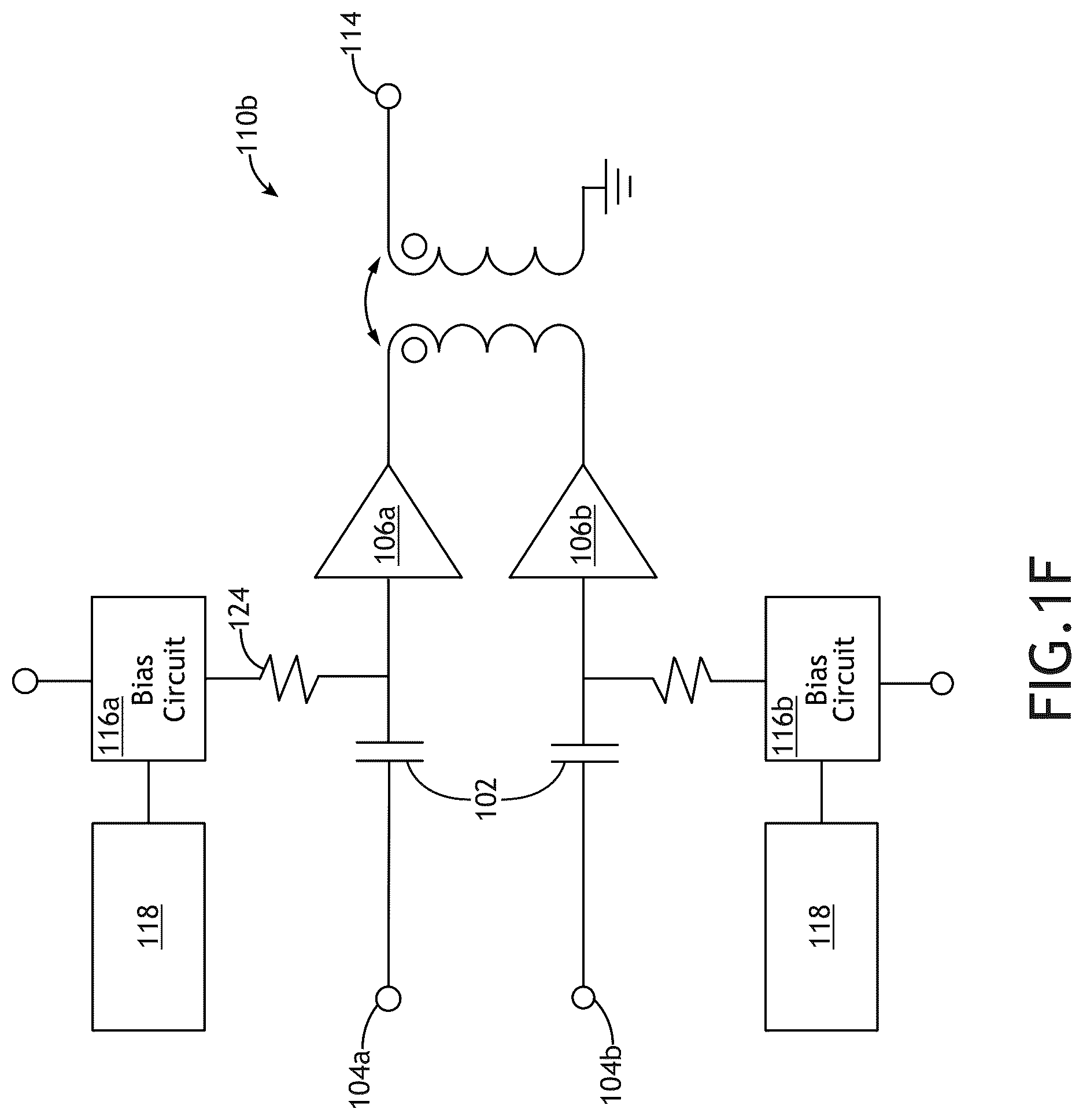 Patent US12107550 Figure 6 – Linearization of differential RF power amplifier by bias control using cross-coupling components