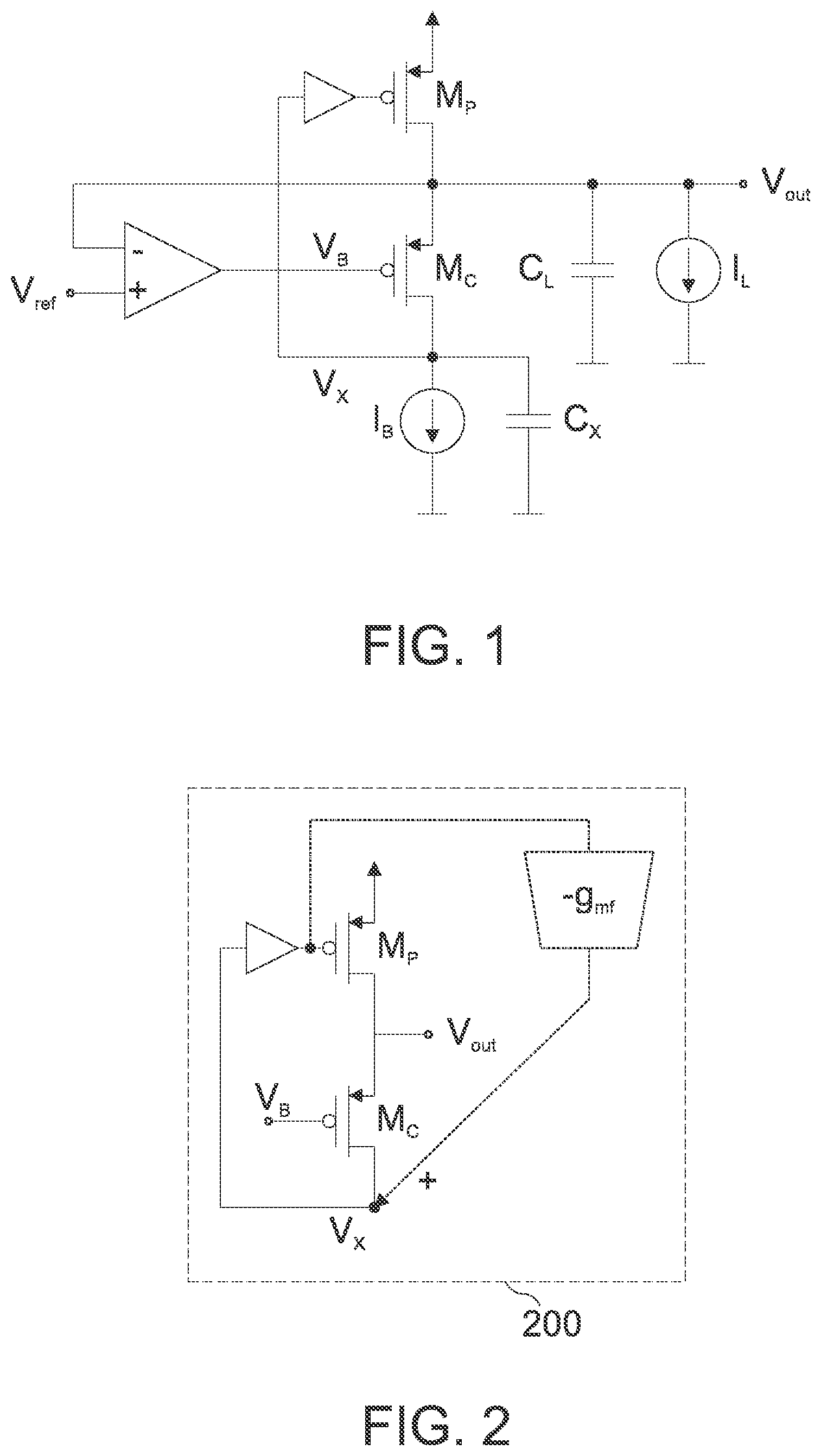 Patent US12107557 Figure 1 – Concept for a buffered flipped voltage follower and for a low dropout voltage regulator