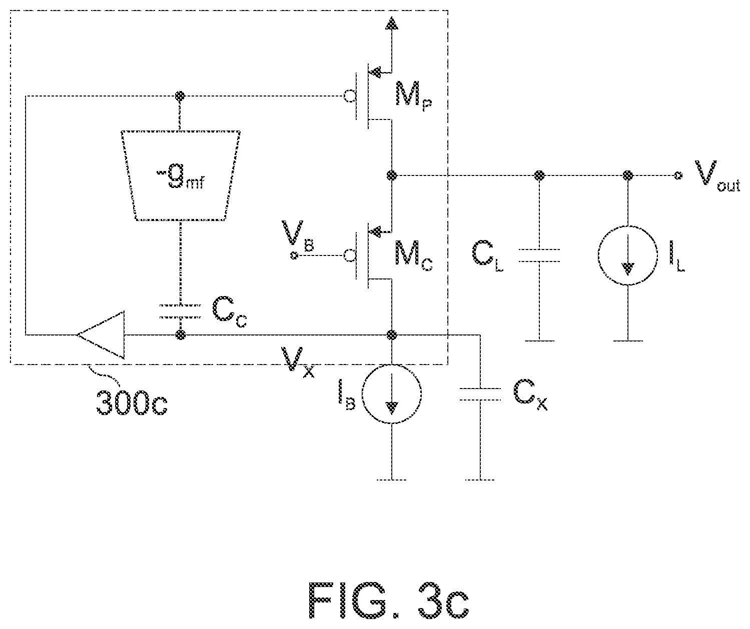 Patent US12107557 Figure 3 – Concept for a buffered flipped voltage follower and for a low dropout voltage regulator