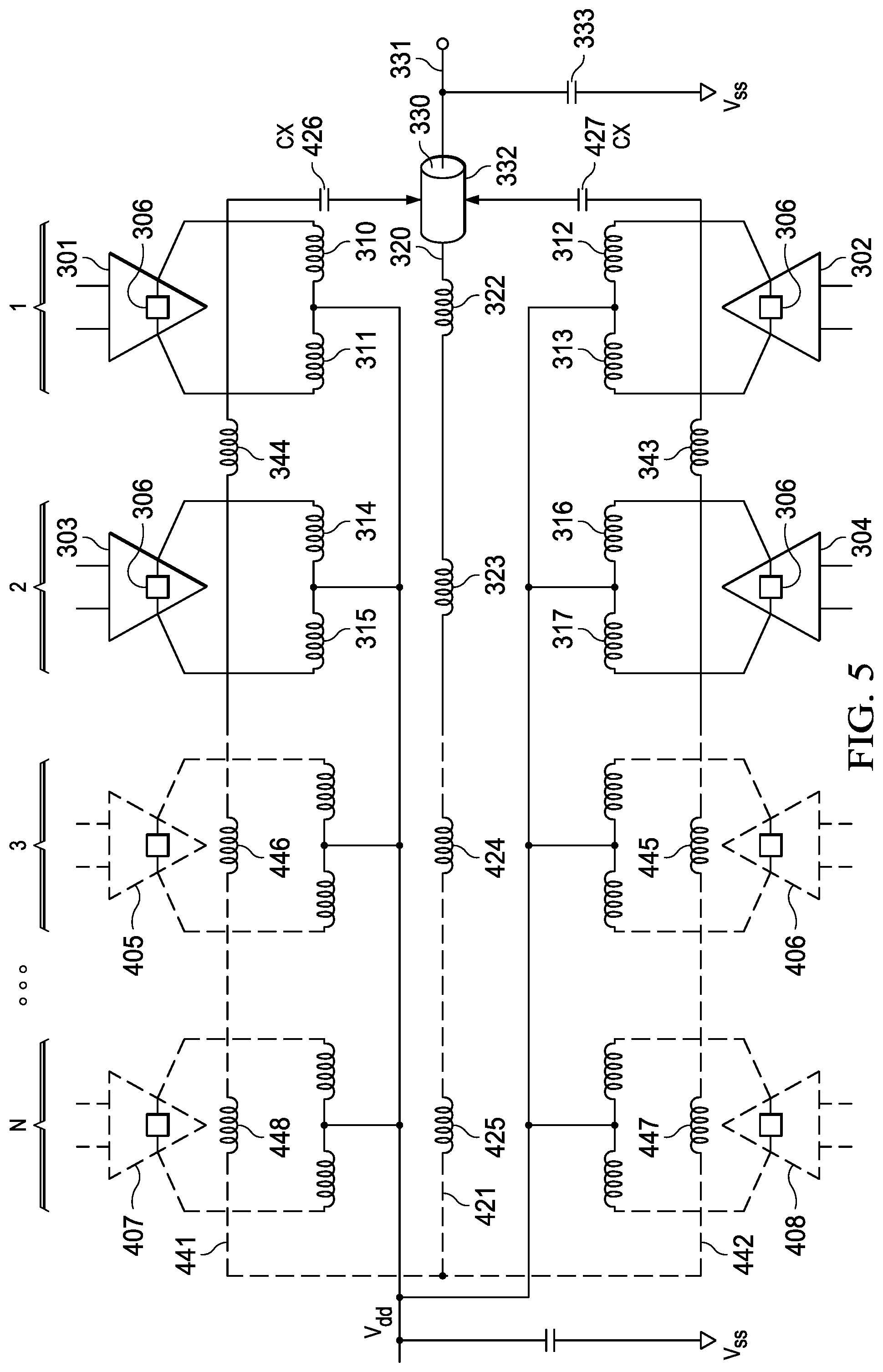 Patent US12107558 Figure 5 – Combining power amplifers at milimeter wave frequencies
