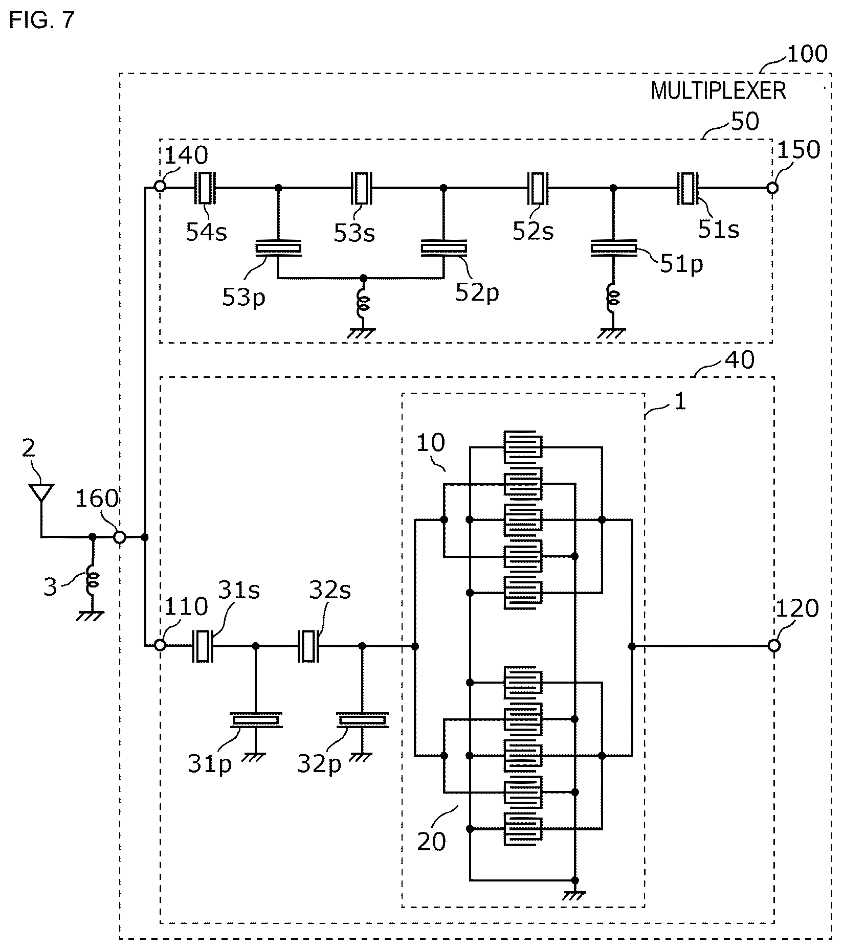 Patent US12107563 Figure 7 – Acoustic wave filter and multiplexer