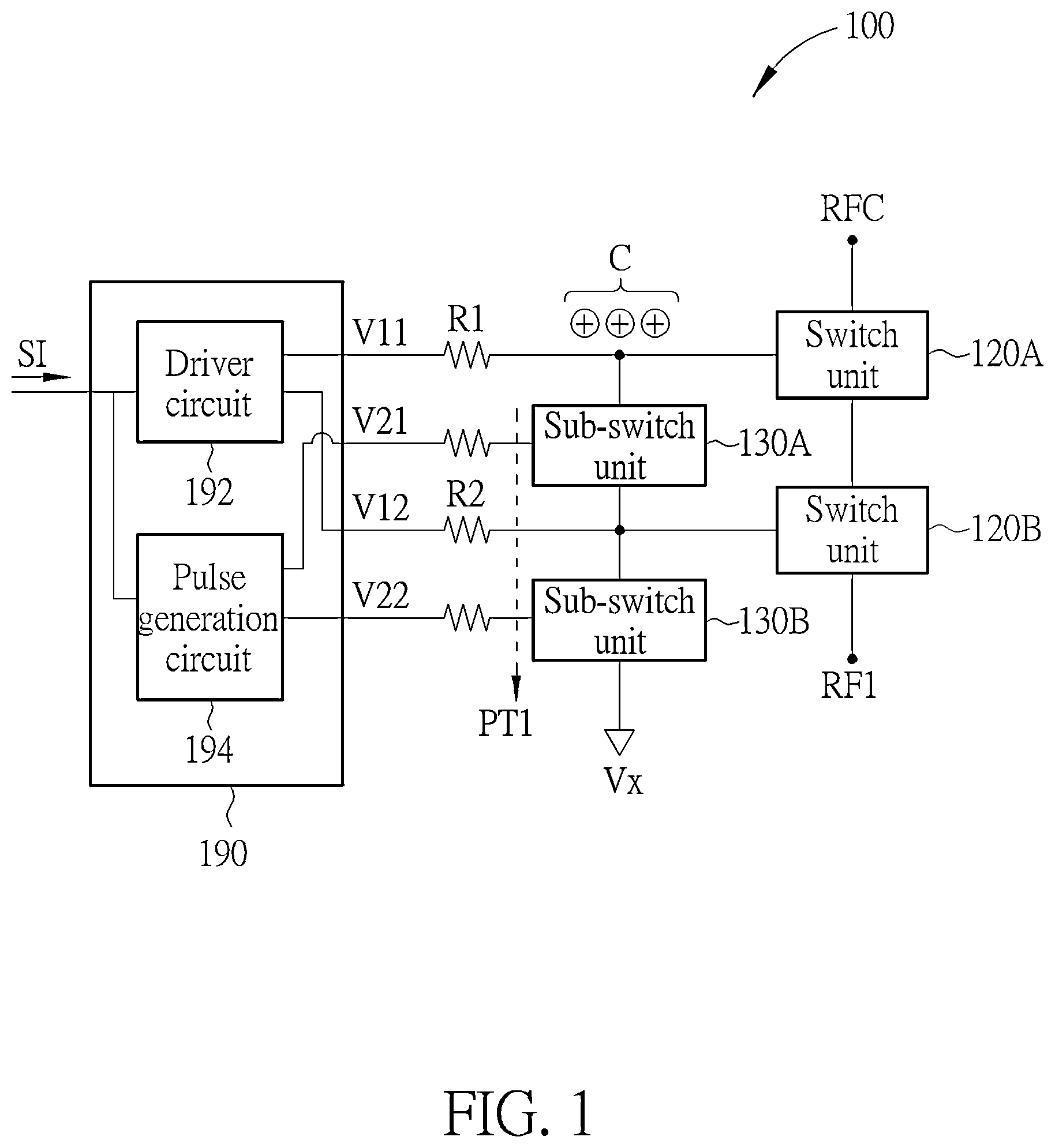 Patent US12107572 Figure 1 – Switch device where charges accumulated at control terminals of switch units can be discharged and/or neutralized via sub-switch units