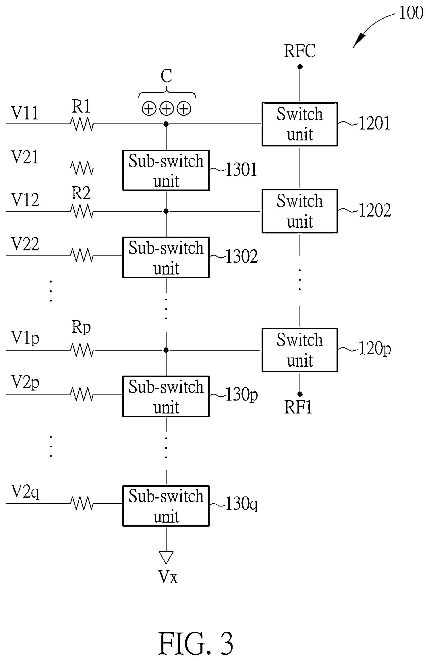 Patent US12107572 Figure 3 – Switch device where charges accumulated at control terminals of switch units can be discharged and/or neutralized via sub-switch units