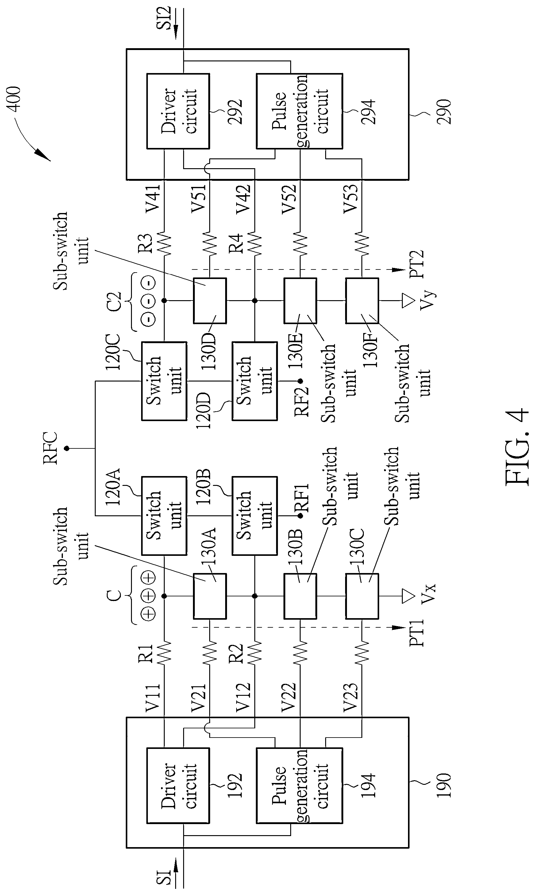 Patent US12107572 Figure 4 – Switch device where charges accumulated at control terminals of switch units can be discharged and/or neutralized via sub-switch units