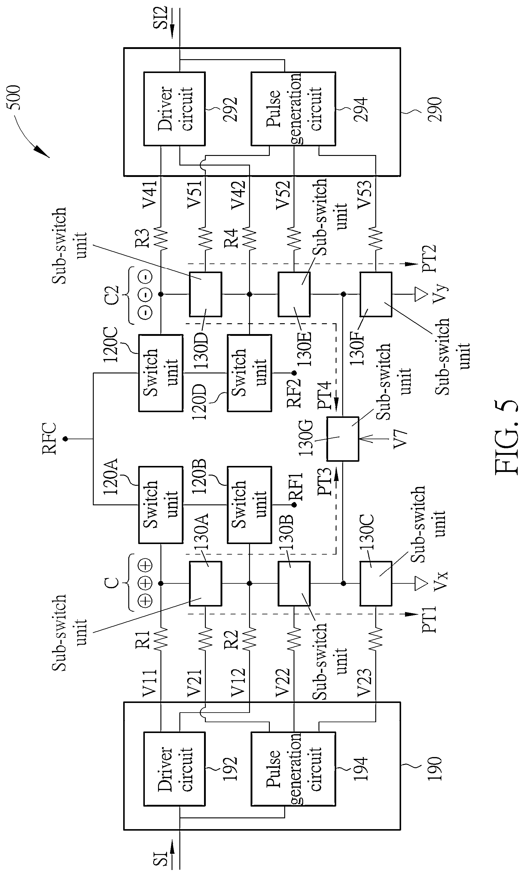 Patent US12107572 Figure 5 – Switch device where charges accumulated at control terminals of switch units can be discharged and/or neutralized via sub-switch units