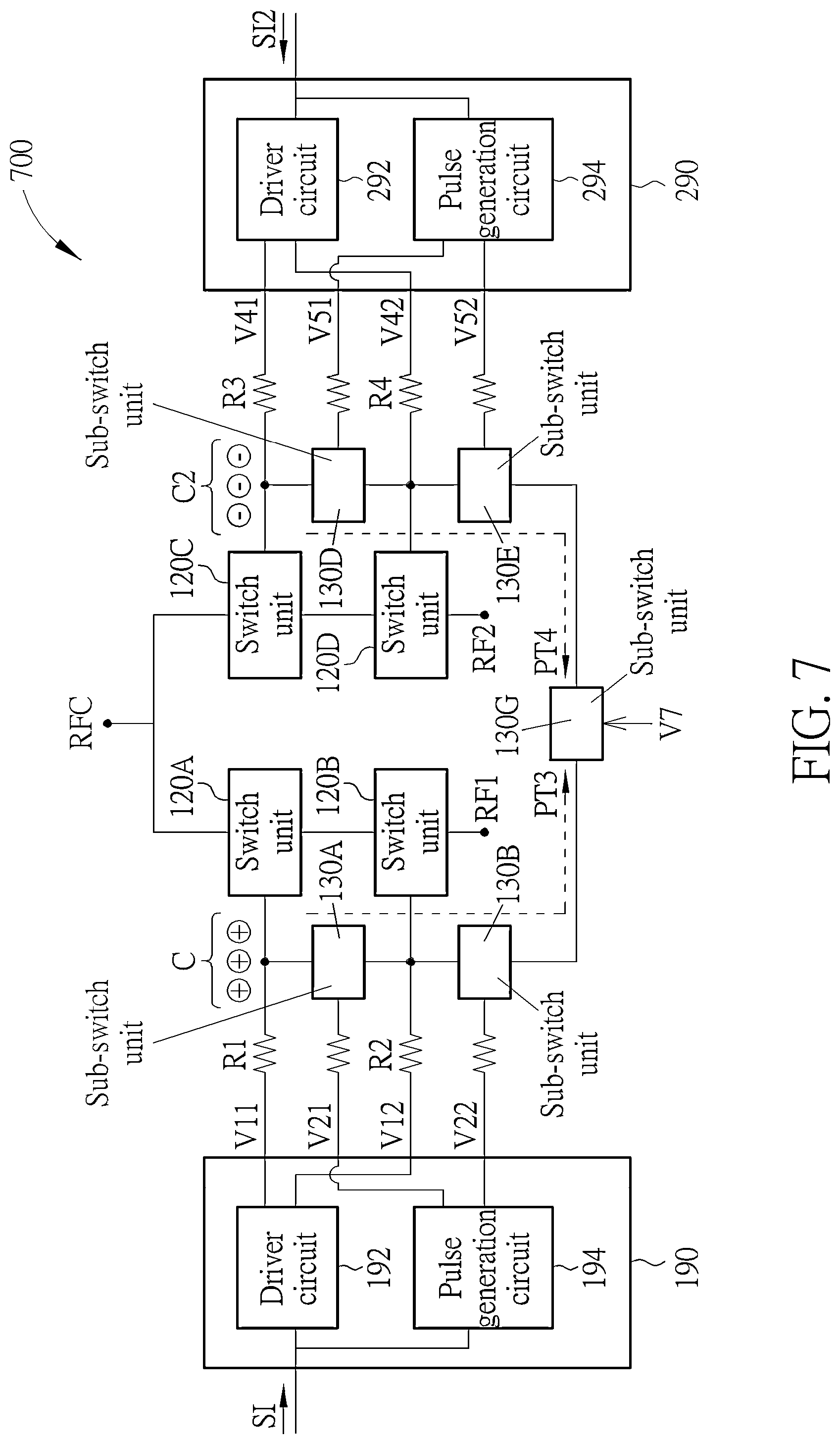 Patent US12107572 Figure 7 – Switch device where charges accumulated at control terminals of switch units can be discharged and/or neutralized via sub-switch units