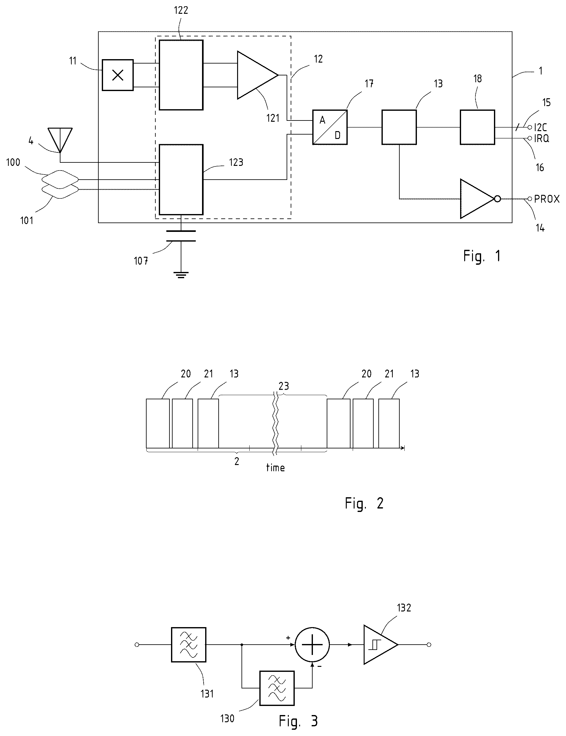 Patent US12107575 Figure 1 – Environmental sensor circuit having a capacitive proximity sensor and magnetic field probe