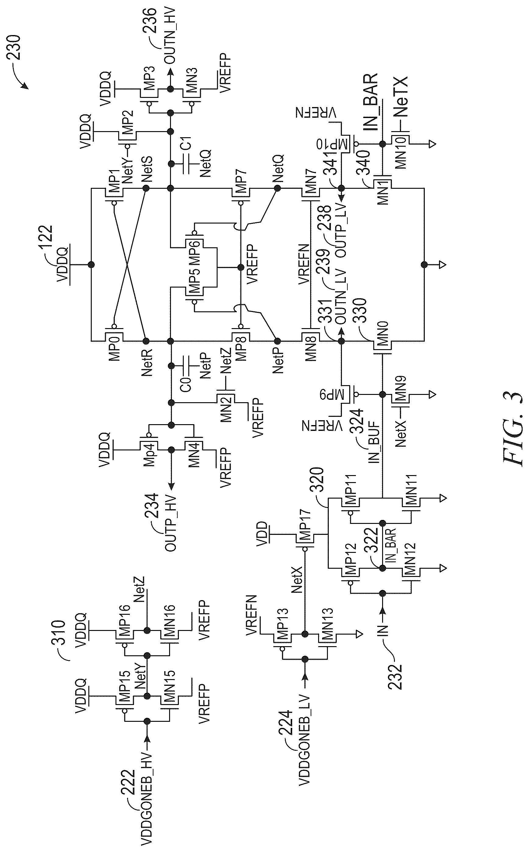 Patent US12107578 Figure 3 – Thin-oxide voltage level shifter